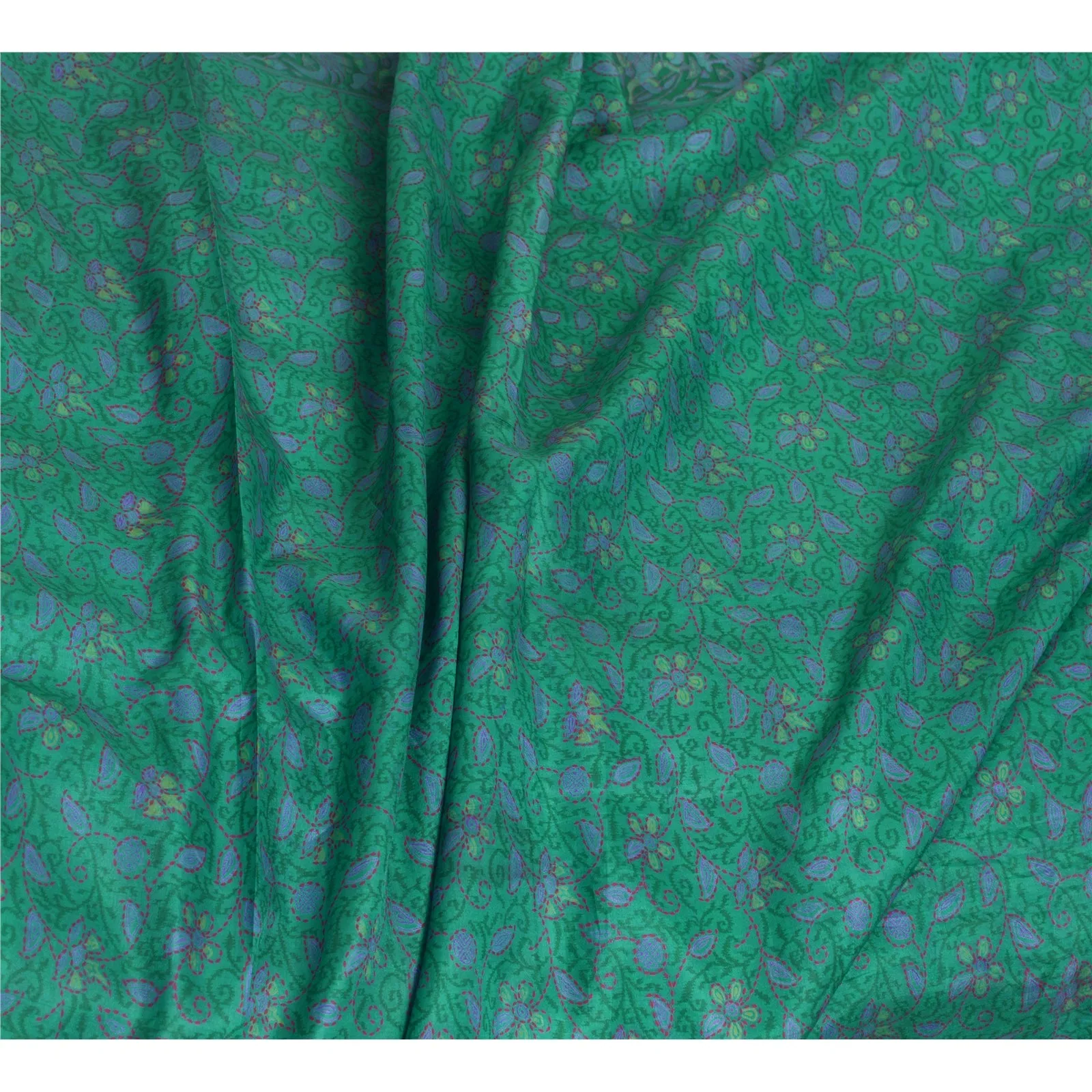 Sanskriti Vintage Sarees Peacock-Green Pure Silk Printed Sari Soft Craft Fabric