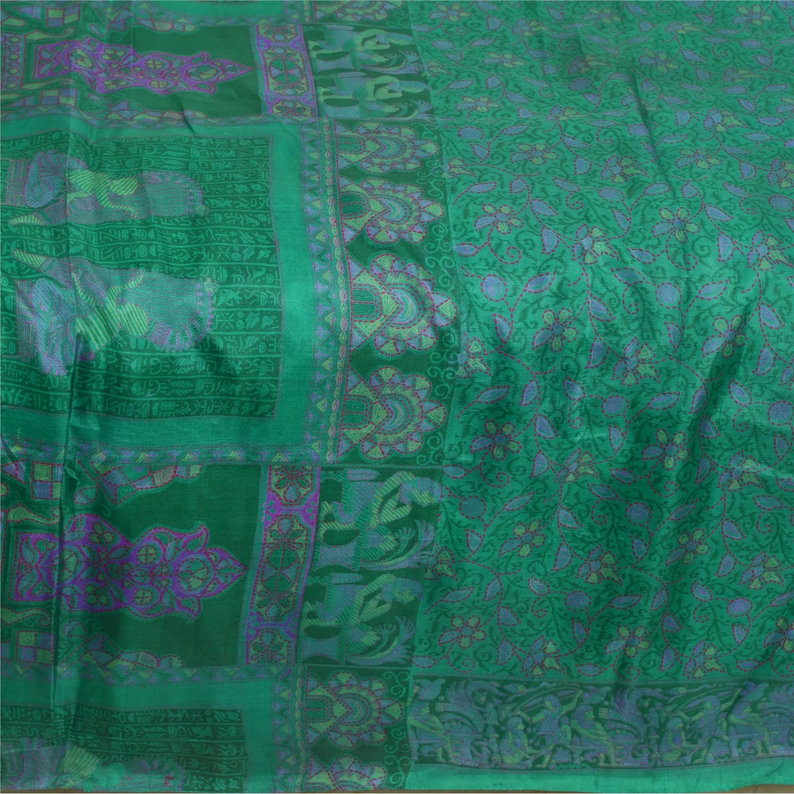 Sanskriti Vintage Sarees Peacock-Green Pure Silk Printed Sari Soft Craft Fabric