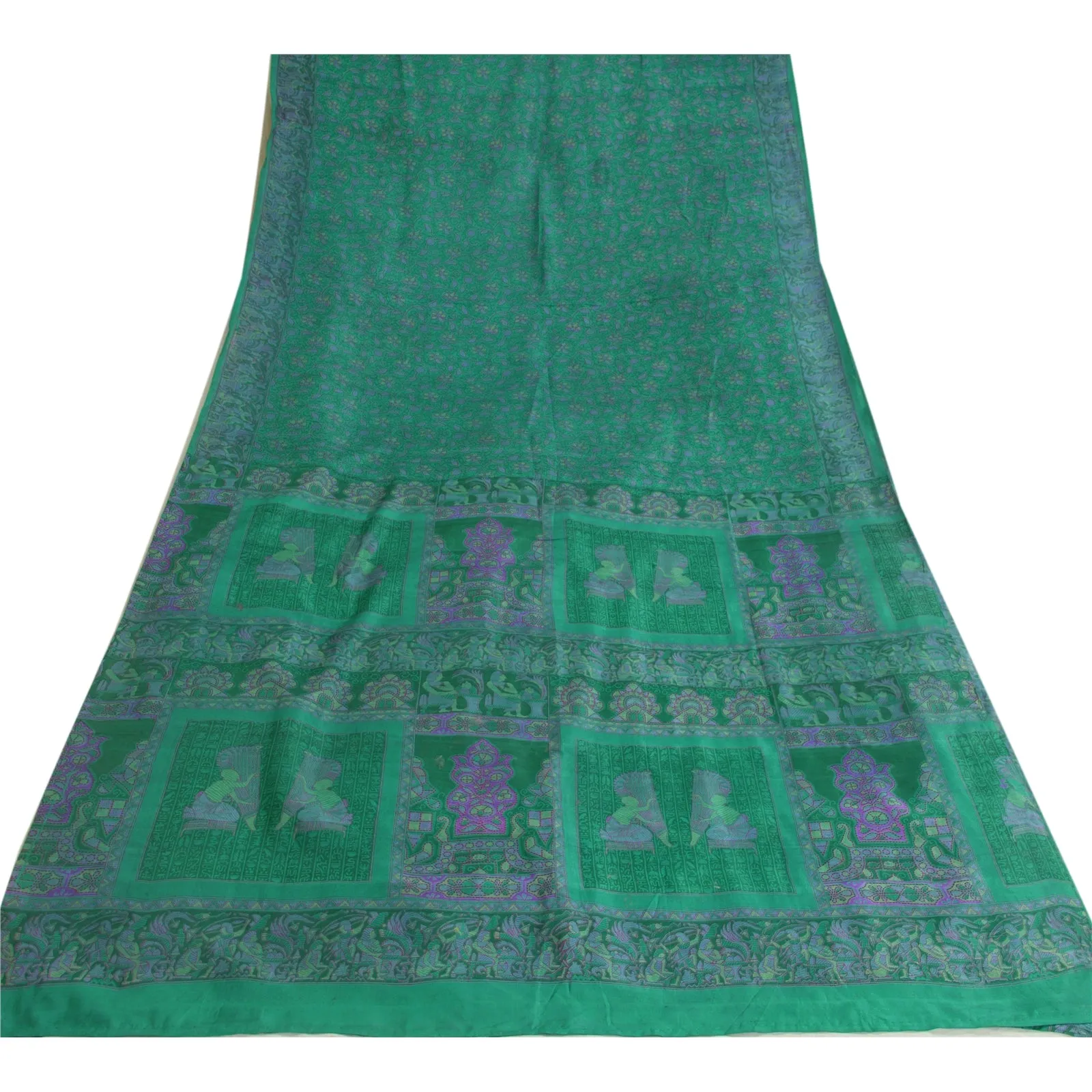 Sanskriti Vintage Sarees Peacock-Green Pure Silk Printed Sari Soft Craft Fabric