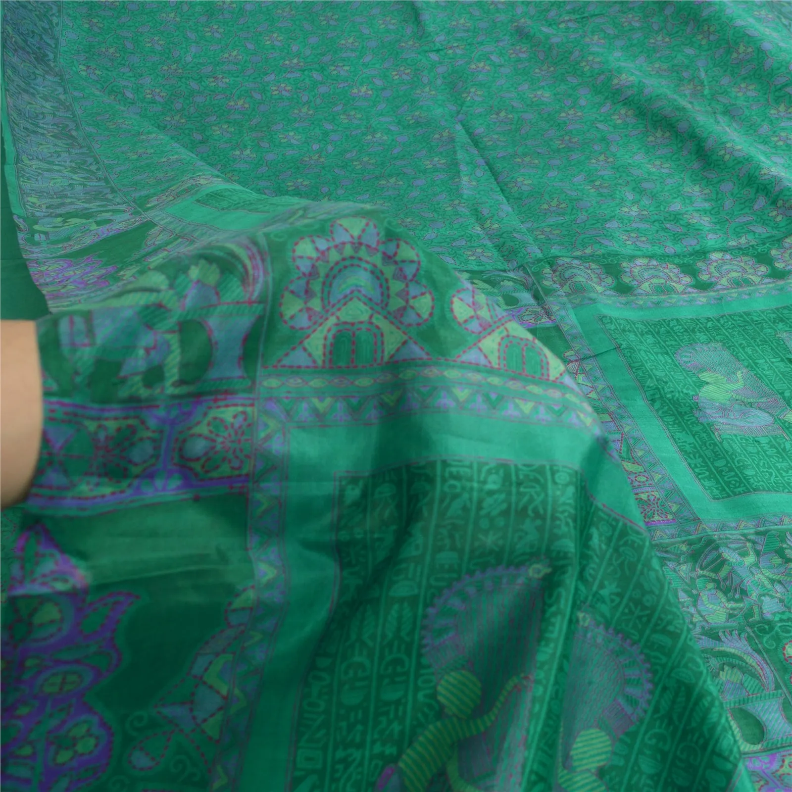 Sanskriti Vintage Sarees Peacock-Green Pure Silk Printed Sari Soft Craft Fabric