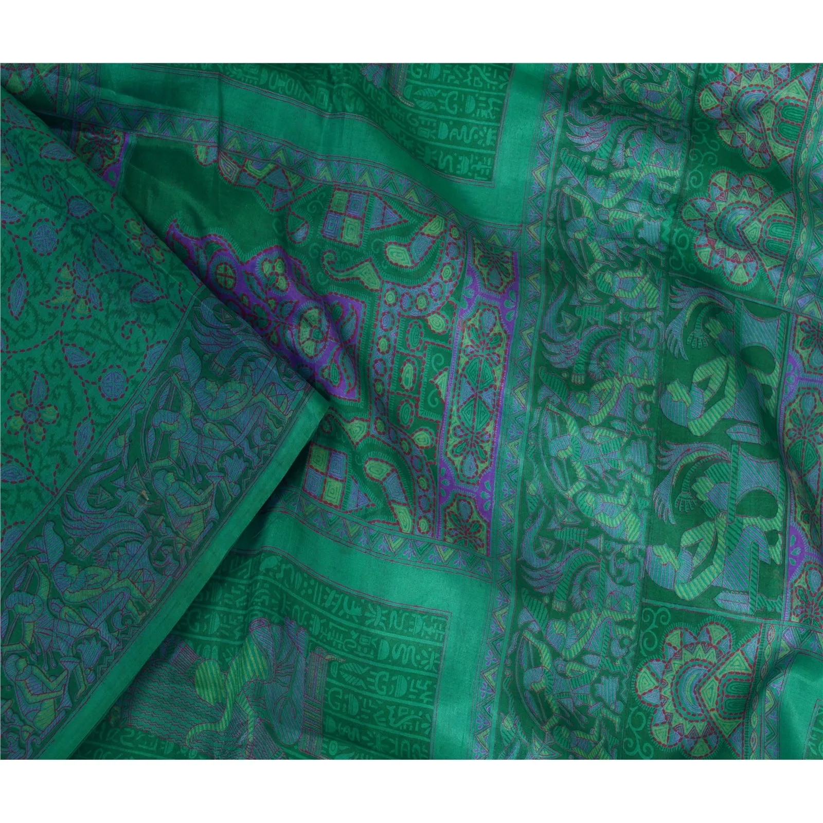 Sanskriti Vintage Sarees Peacock-Green Pure Silk Printed Sari Soft Craft Fabric