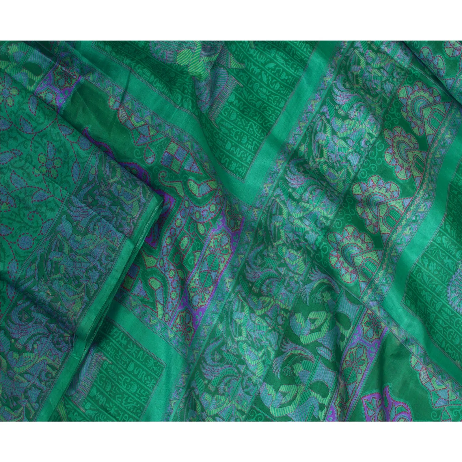 Sanskriti Vintage Sarees Peacock-Green Pure Silk Printed Sari Soft Craft Fabric