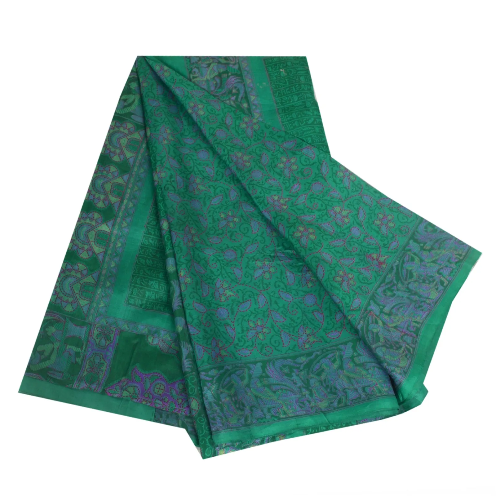 Sanskriti Vintage Sarees Peacock-Green Pure Silk Printed Sari Soft Craft Fabric