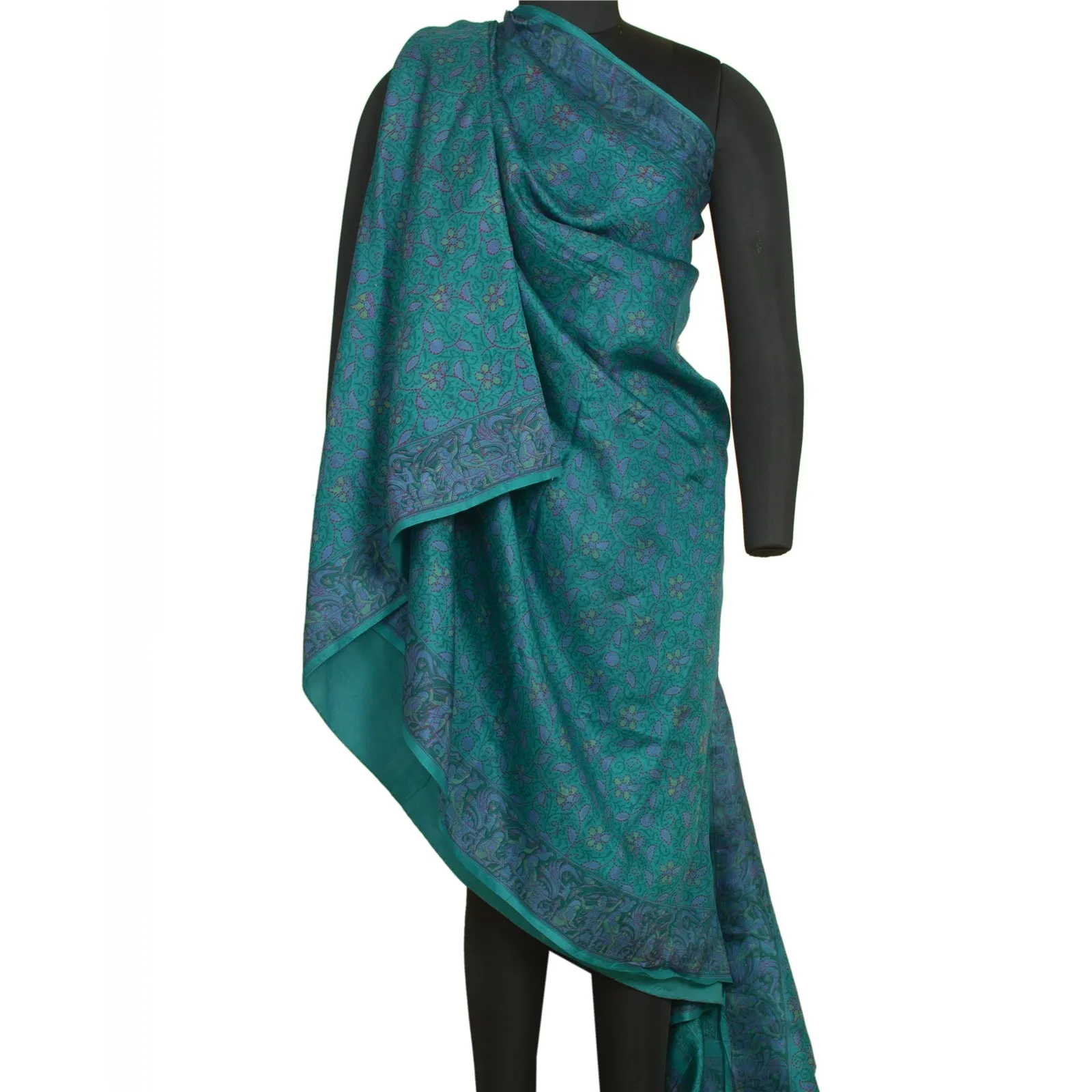 Sanskriti Vintage Sarees Peacock-Green Pure Silk Printed Sari Soft Craft Fabric