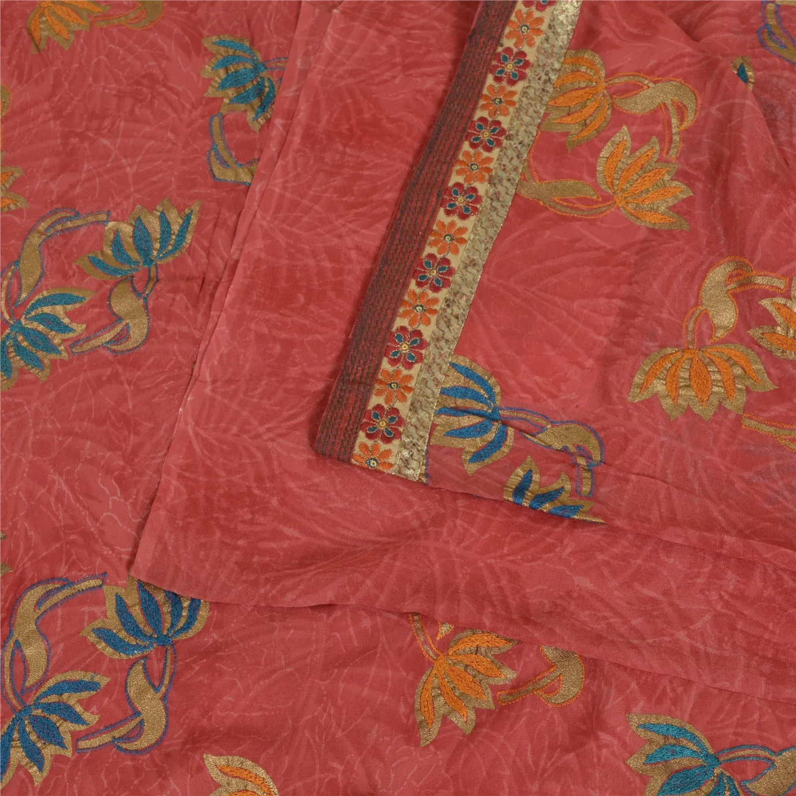 Sanskriti Vintage Sarees Pink Embroidered Pure Georgette Silk Sari Craft Fabric