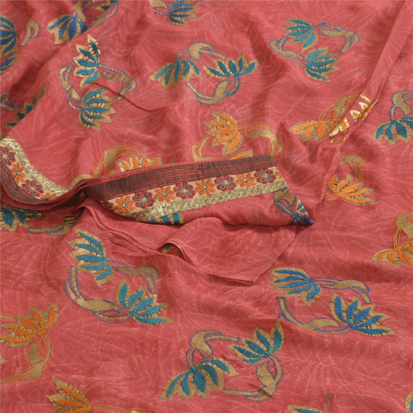 Sanskriti Vintage Sarees Pink Embroidered Pure Georgette Silk Sari Craft Fabric