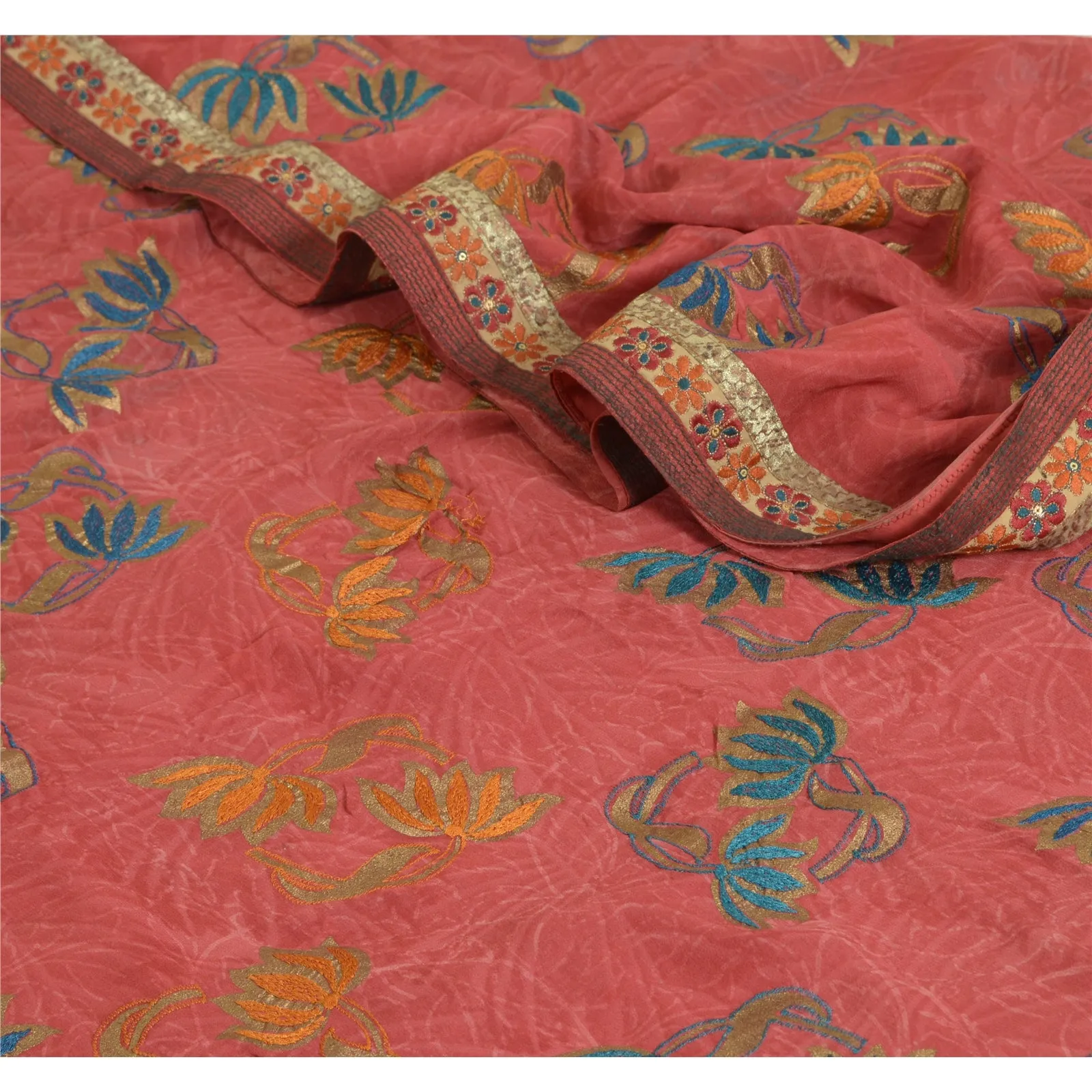 Sanskriti Vintage Sarees Pink Embroidered Pure Georgette Silk Sari Craft Fabric