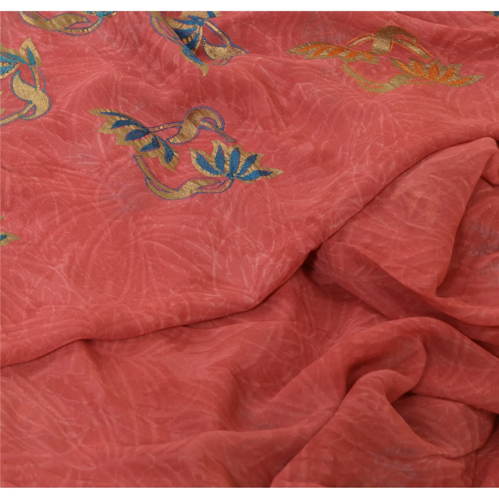 Sanskriti Vintage Sarees Pink Embroidered Pure Georgette Silk Sari Craft Fabric