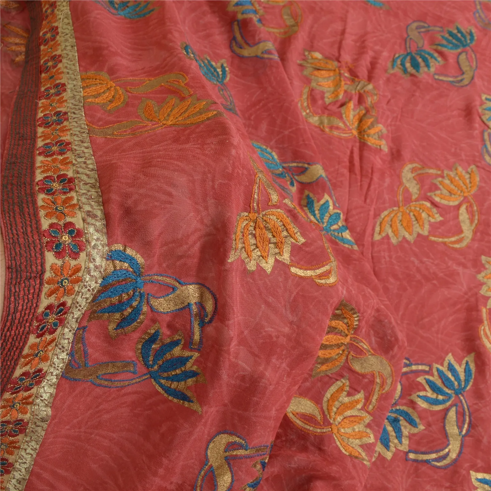 Sanskriti Vintage Sarees Pink Embroidered Pure Georgette Silk Sari Craft Fabric