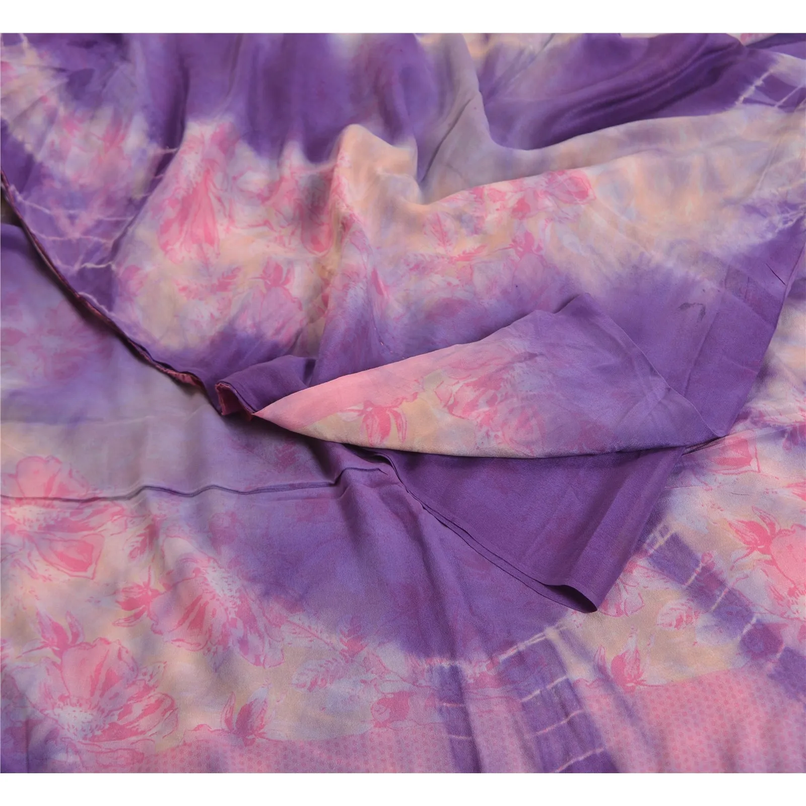 Sanskriti Vintage Sarees Purple TieDye Pure Crepe Silk Printed Sari Craft Fabric