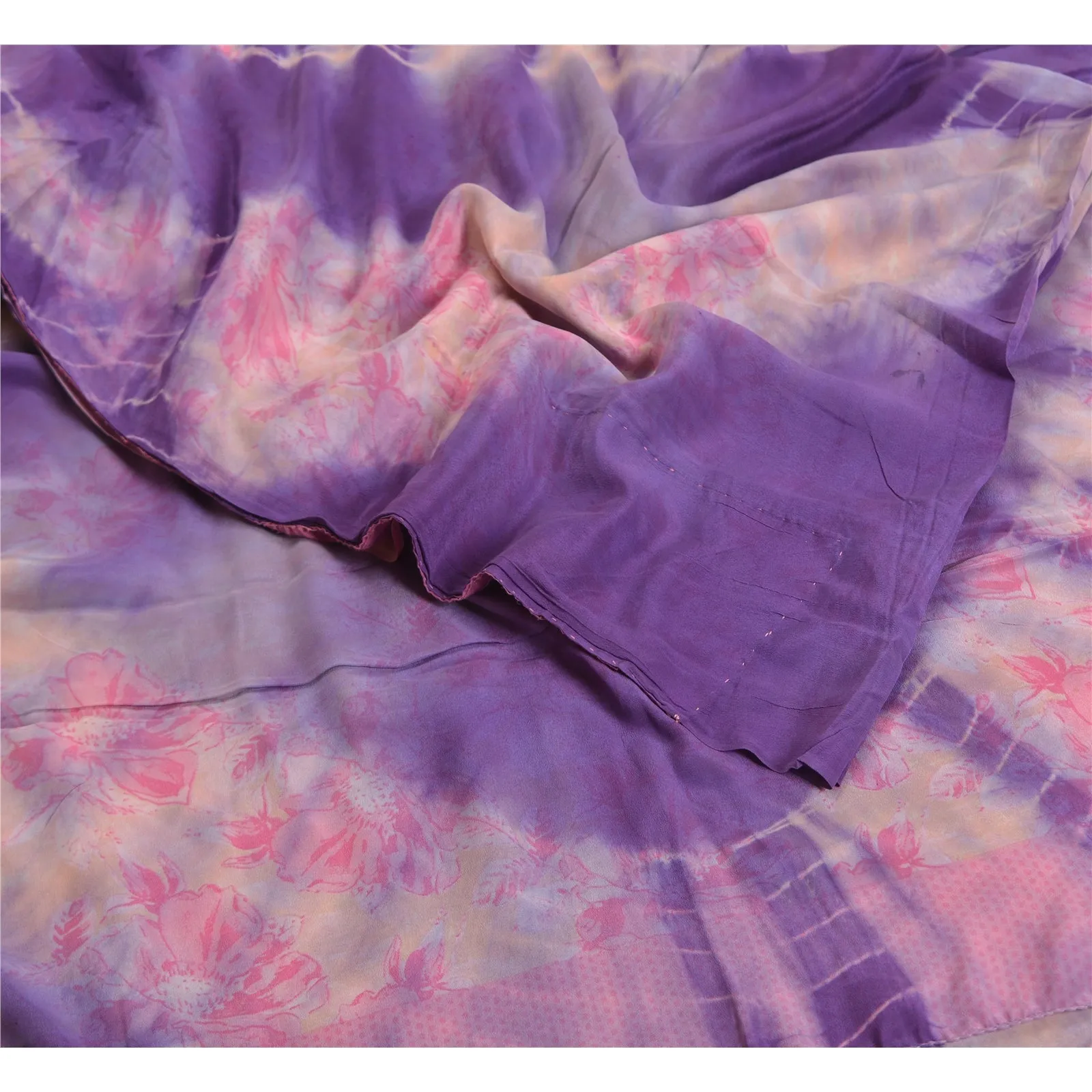 Sanskriti Vintage Sarees Purple TieDye Pure Crepe Silk Printed Sari Craft Fabric