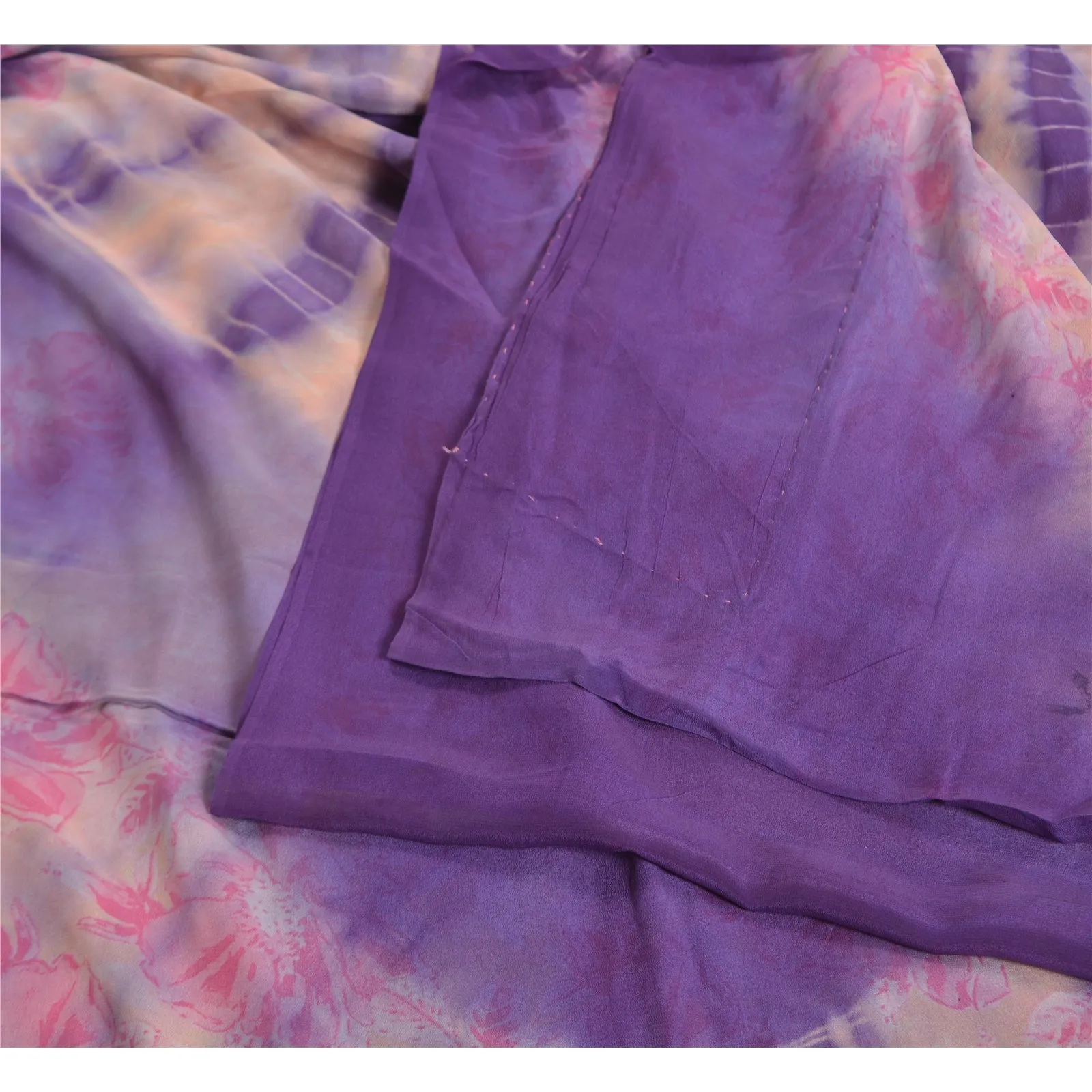 Sanskriti Vintage Sarees Purple TieDye Pure Crepe Silk Printed Sari Craft Fabric