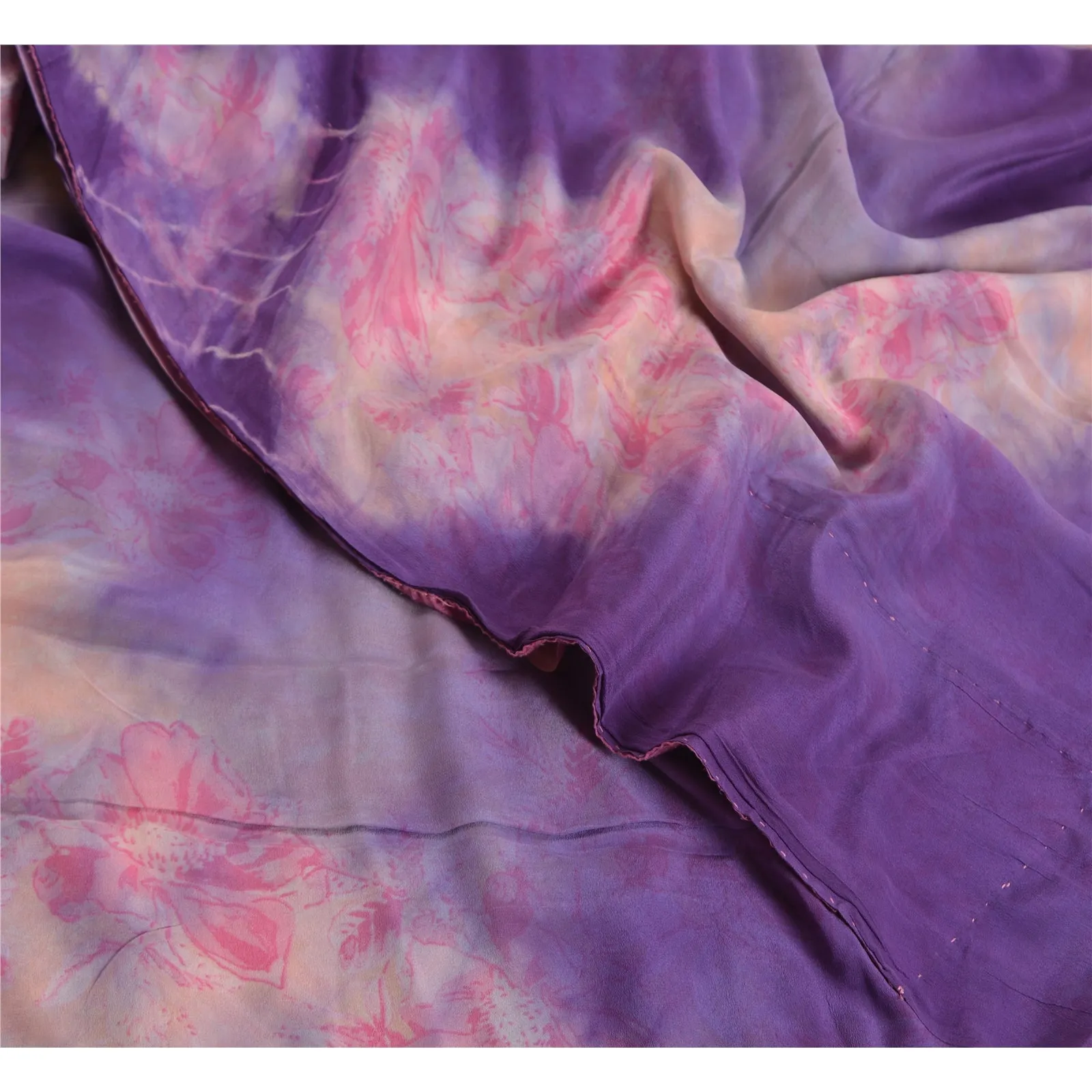 Sanskriti Vintage Sarees Purple TieDye Pure Crepe Silk Printed Sari Craft Fabric