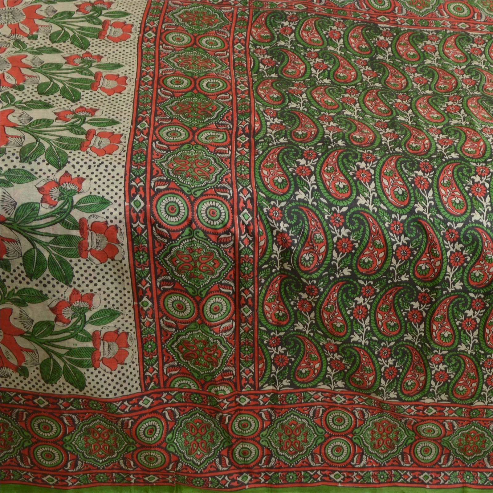 Sanskriti Vintage Sarees Red/Green Block Printed Pure Silk Sari 5yd Craft Fabric