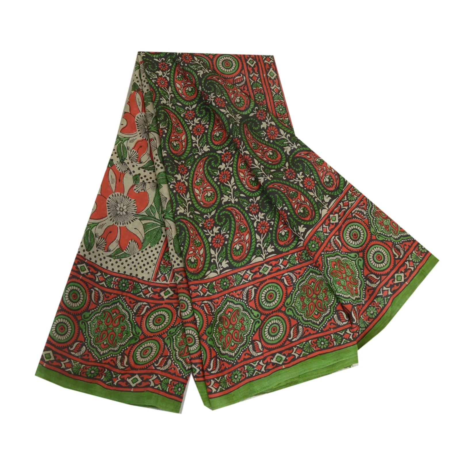 Sanskriti Vintage Sarees Red/Green Block Printed Pure Silk Sari 5yd Craft Fabric