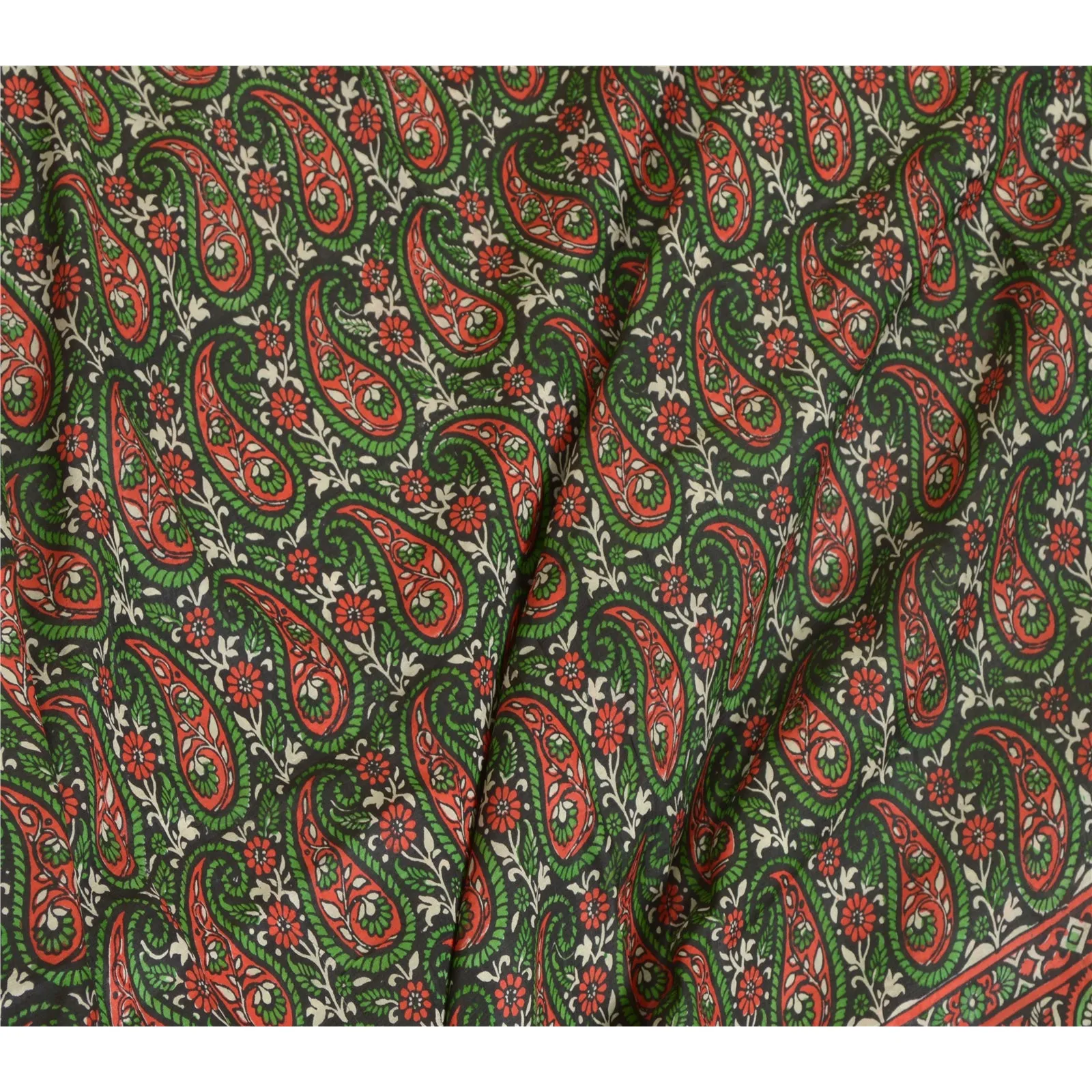 Sanskriti Vintage Sarees Red/Green Block Printed Pure Silk Sari 5yd Craft Fabric