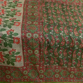 Sanskriti Vintage Sarees Red/Green Block Printed Pure Silk Sari 5yd Craft Fabric