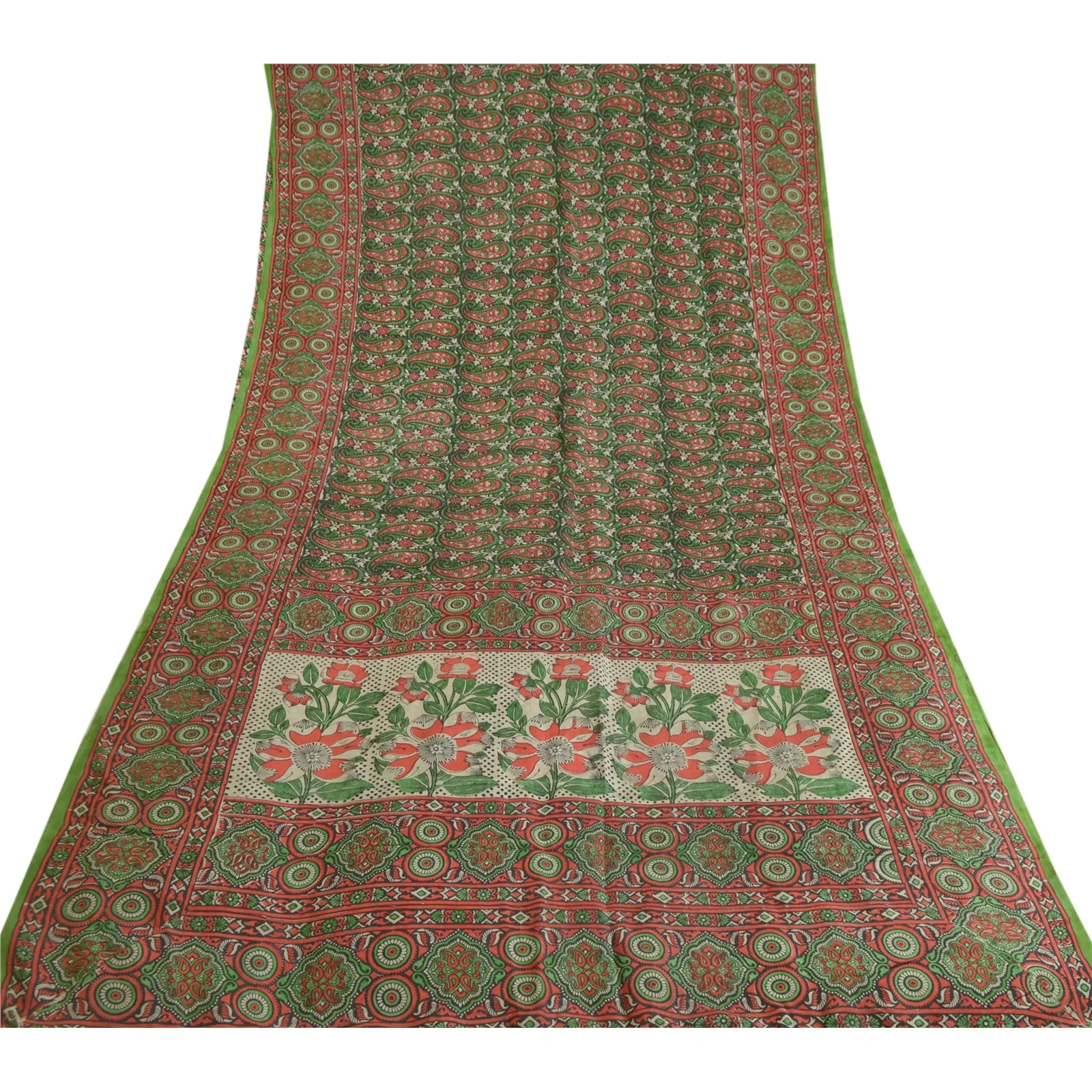 Sanskriti Vintage Sarees Red/Green Block Printed Pure Silk Sari 5yd Craft Fabric