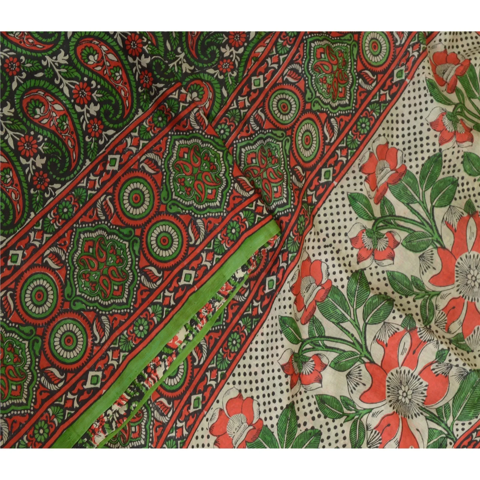 Sanskriti Vintage Sarees Red/Green Block Printed Pure Silk Sari 5yd Craft Fabric