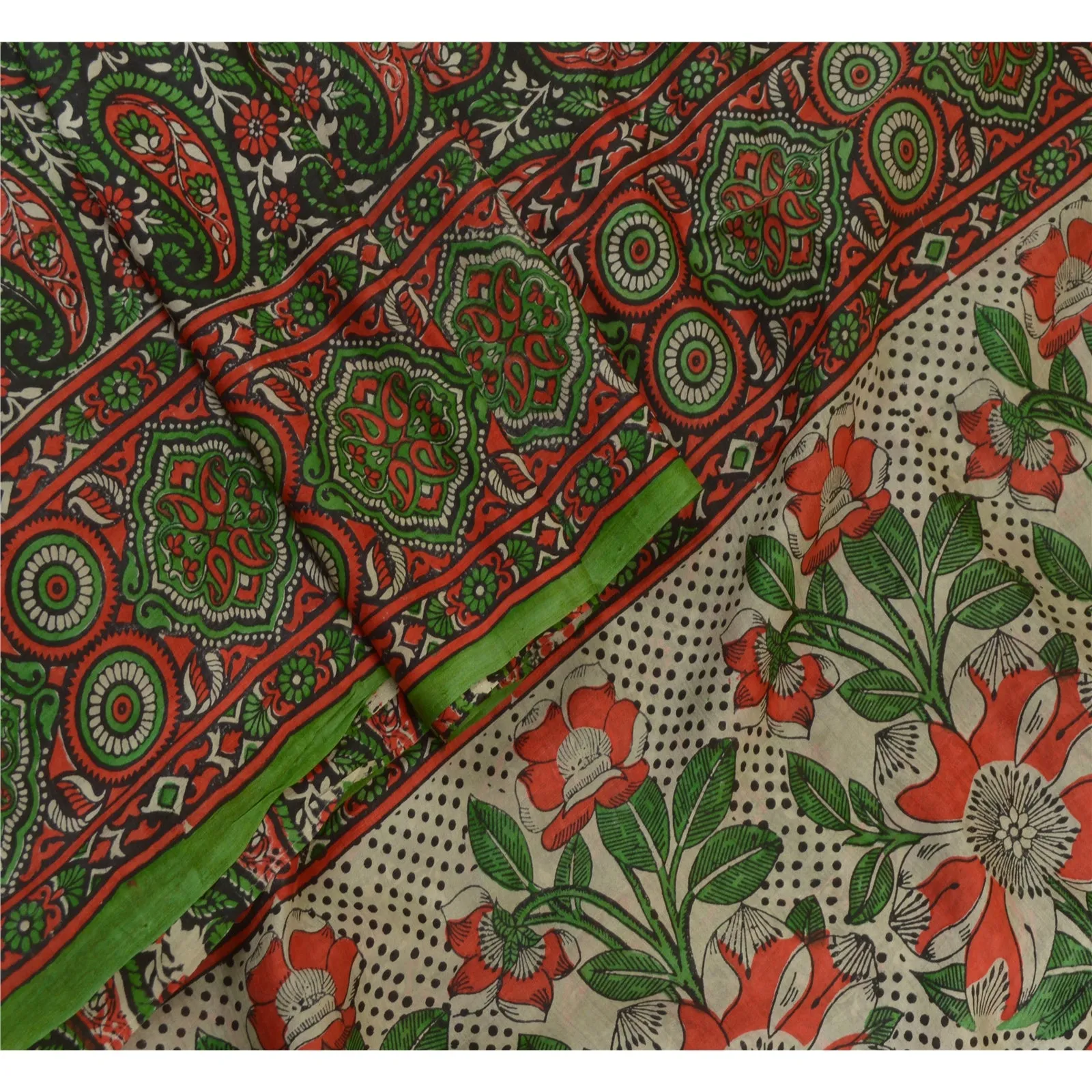 Sanskriti Vintage Sarees Red/Green Block Printed Pure Silk Sari 5yd Craft Fabric