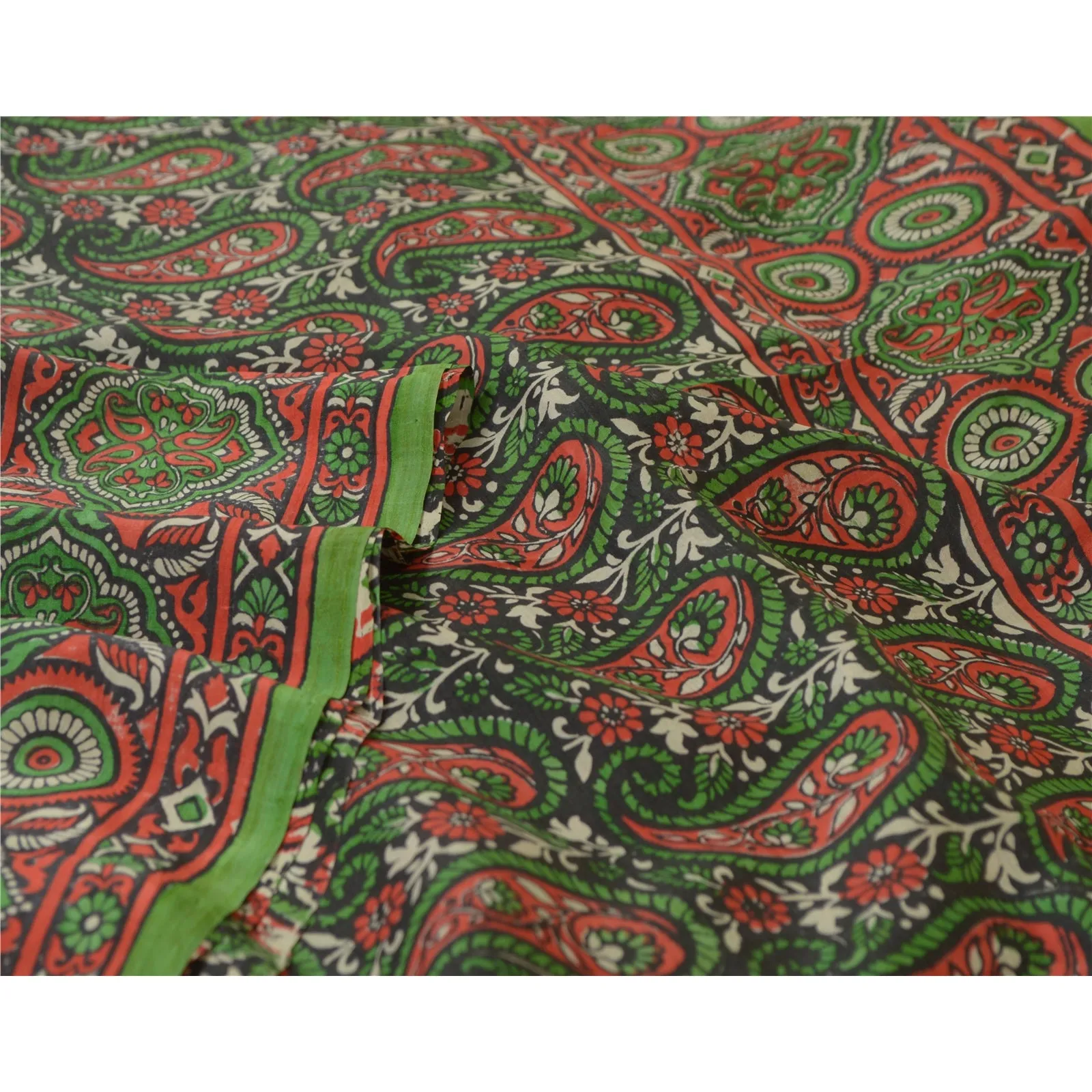 Sanskriti Vintage Sarees Red/Green Block Printed Pure Silk Sari 5yd Craft Fabric