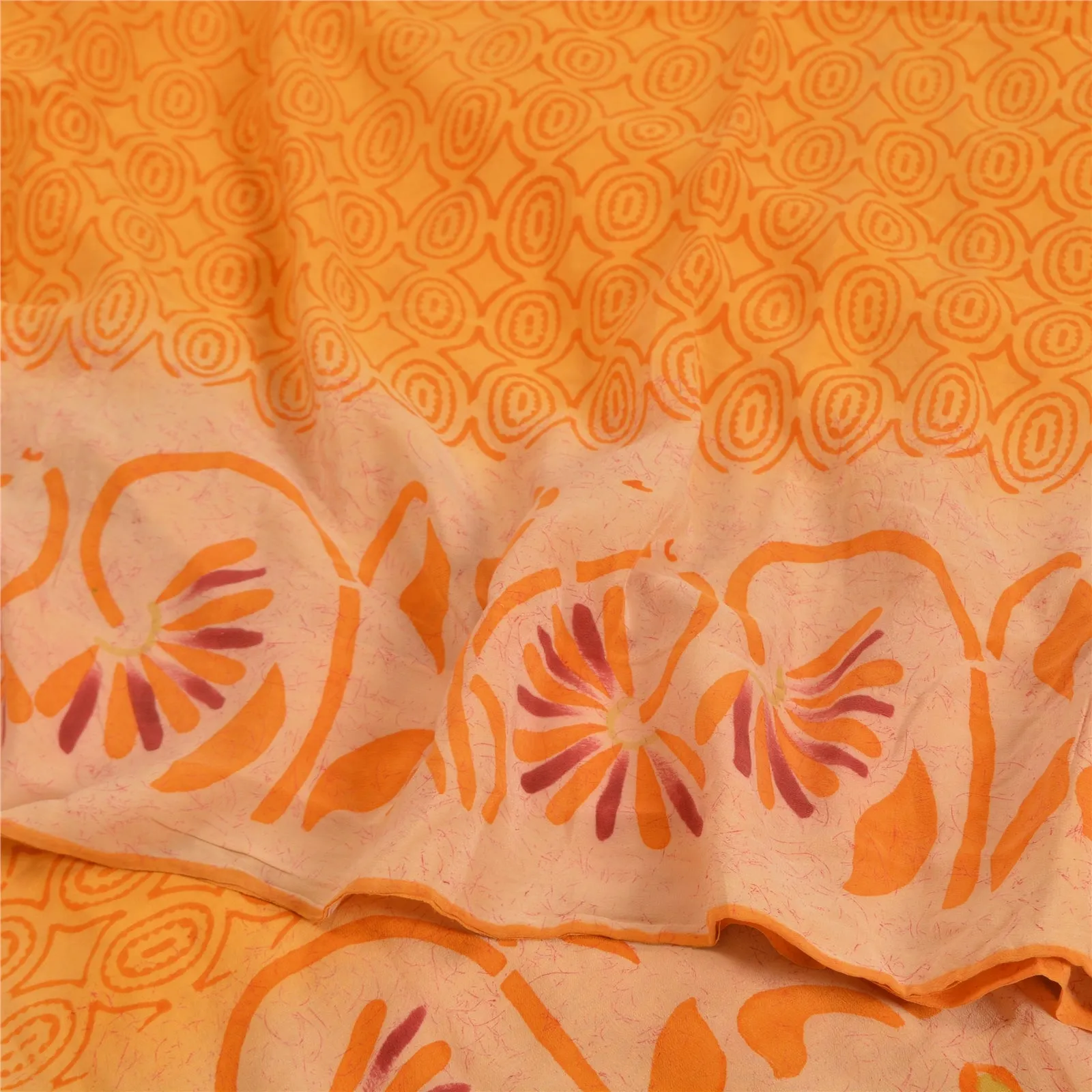 Sanskriti Vintage Sarees Saffron 100% Pure Crepe Silk Printed Sari Craft Fabric