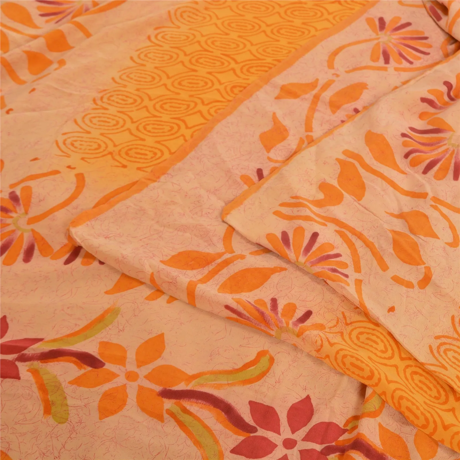 Sanskriti Vintage Sarees Saffron 100% Pure Crepe Silk Printed Sari Craft Fabric