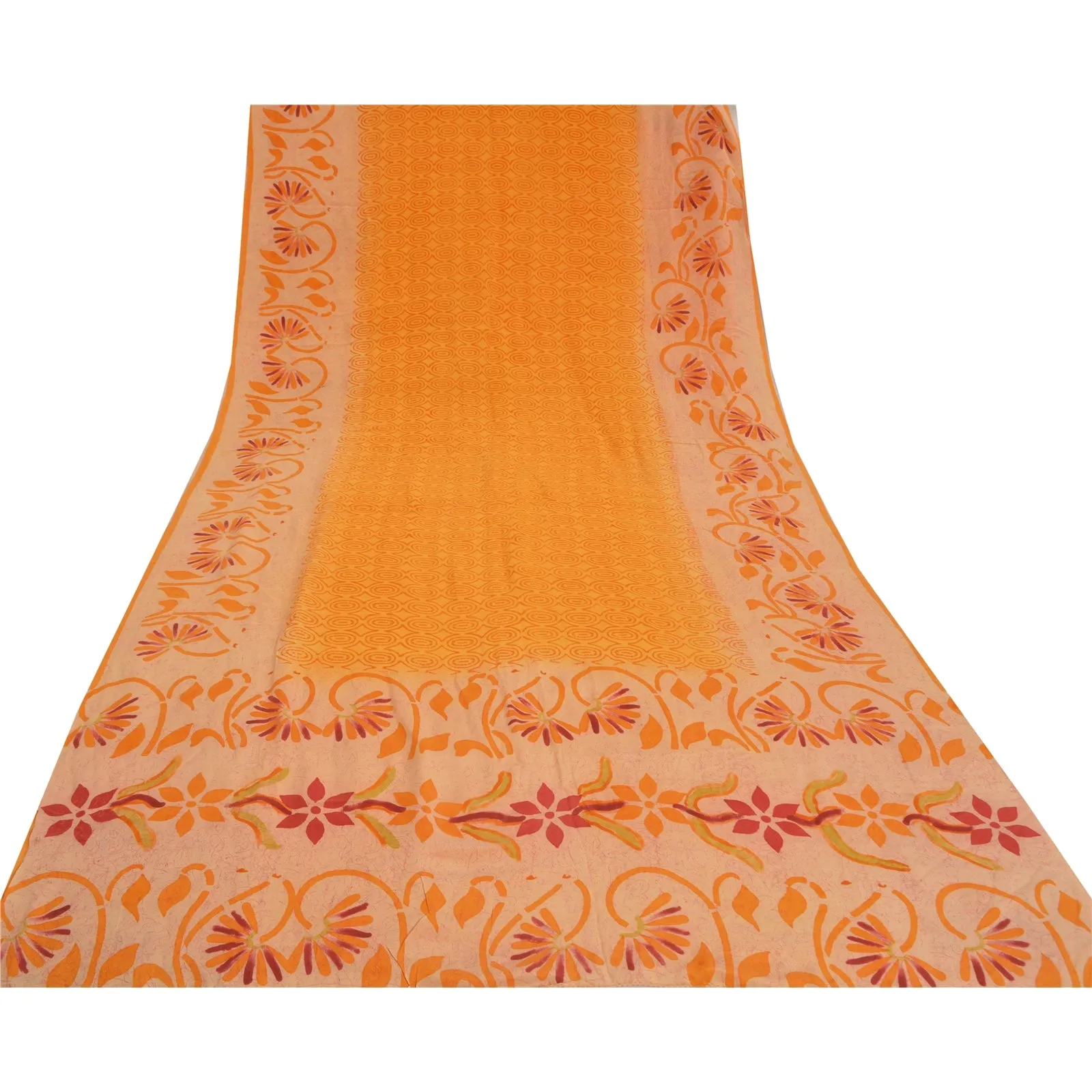 Sanskriti Vintage Sarees Saffron 100% Pure Crepe Silk Printed Sari Craft Fabric