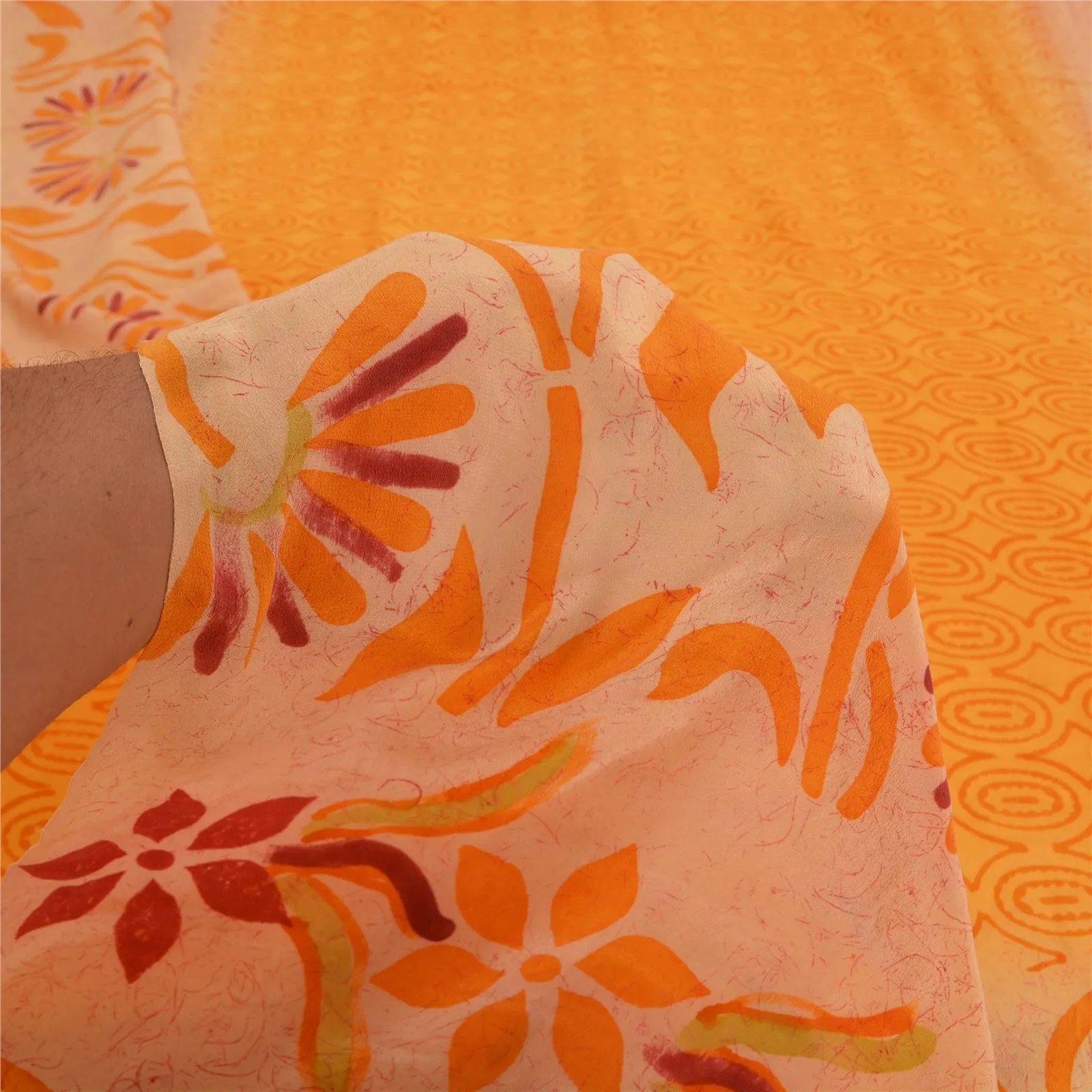 Sanskriti Vintage Sarees Saffron 100% Pure Crepe Silk Printed Sari Craft Fabric