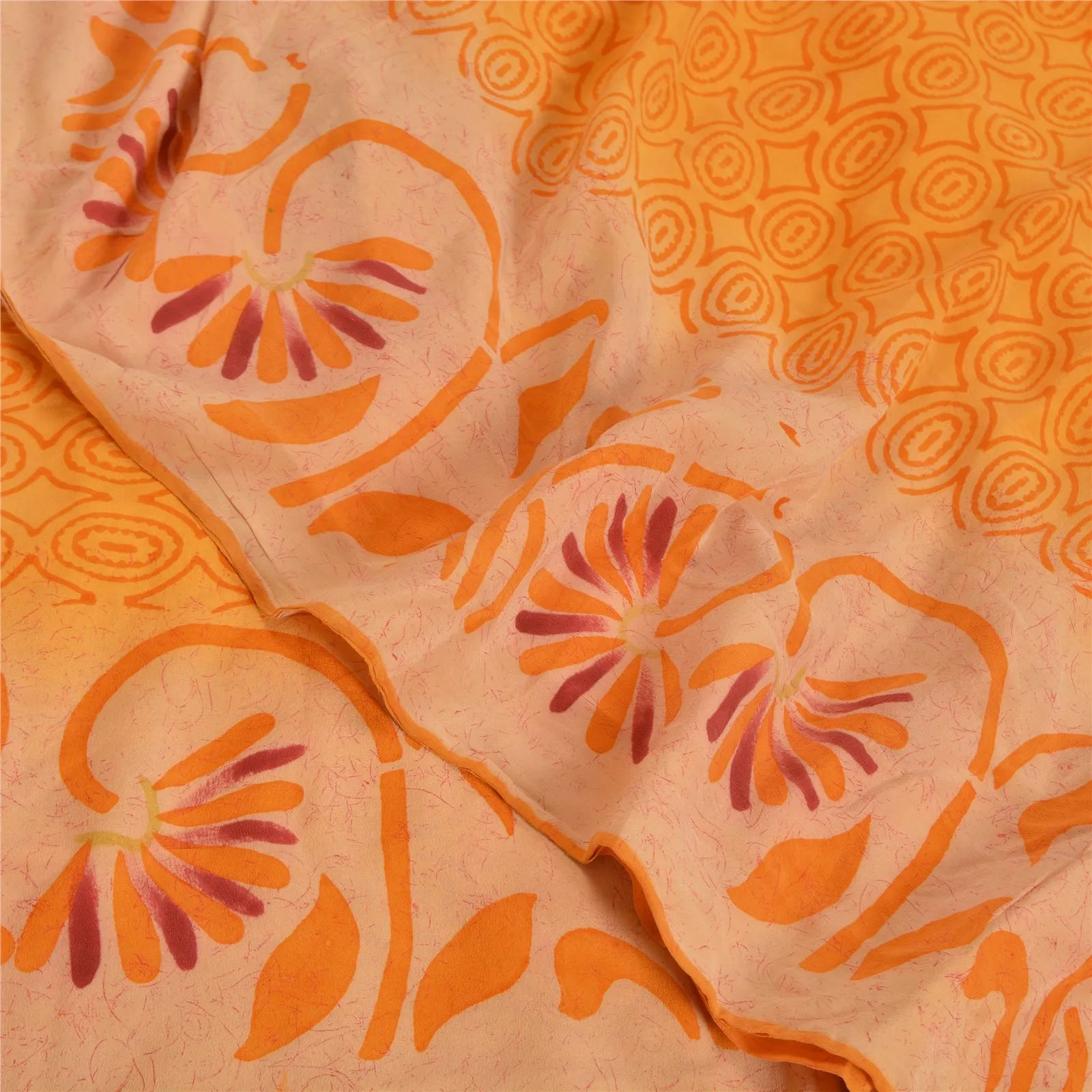 Sanskriti Vintage Sarees Saffron 100% Pure Crepe Silk Printed Sari Craft Fabric