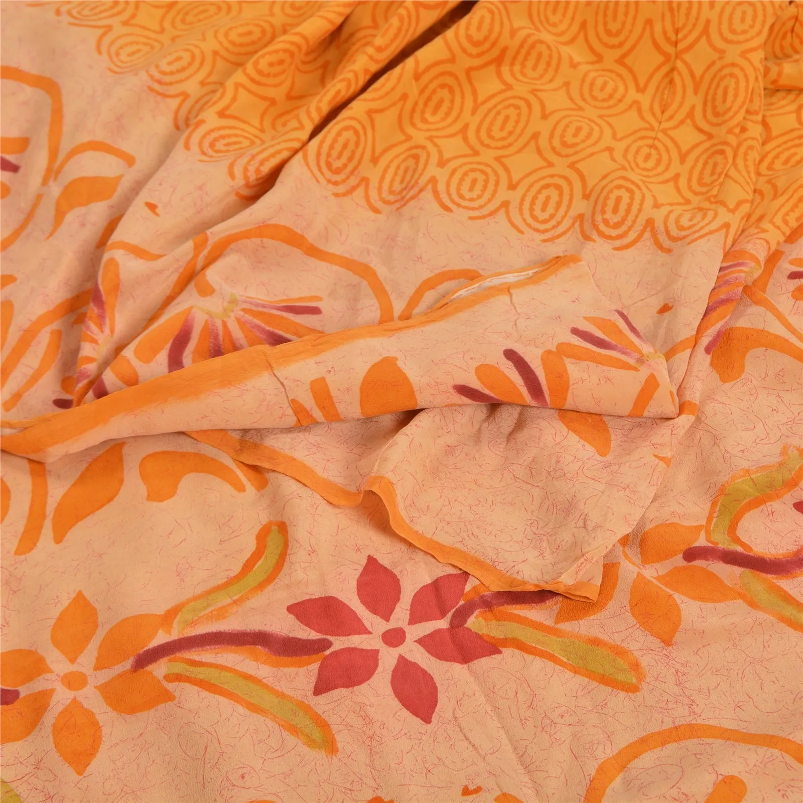 Sanskriti Vintage Sarees Saffron 100% Pure Crepe Silk Printed Sari Craft Fabric