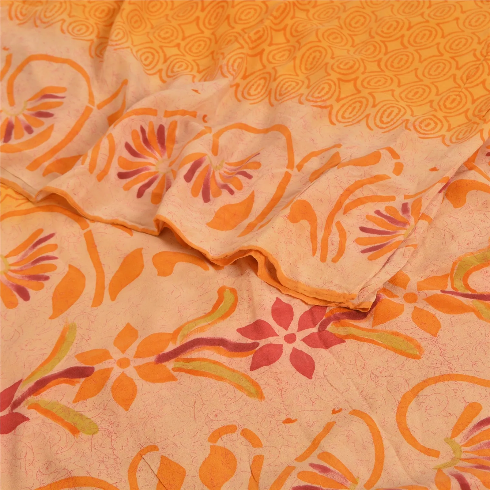 Sanskriti Vintage Sarees Saffron 100% Pure Crepe Silk Printed Sari Craft Fabric