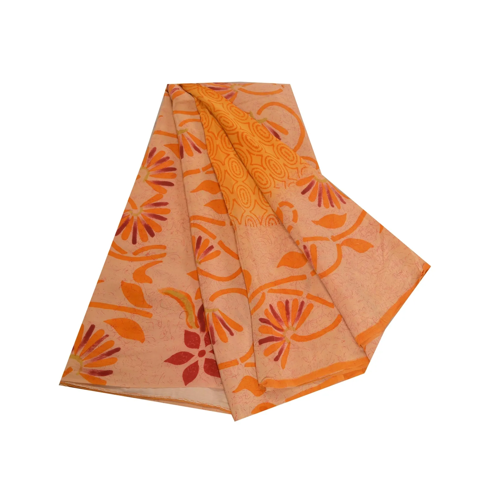 Sanskriti Vintage Sarees Saffron 100% Pure Crepe Silk Printed Sari Craft Fabric