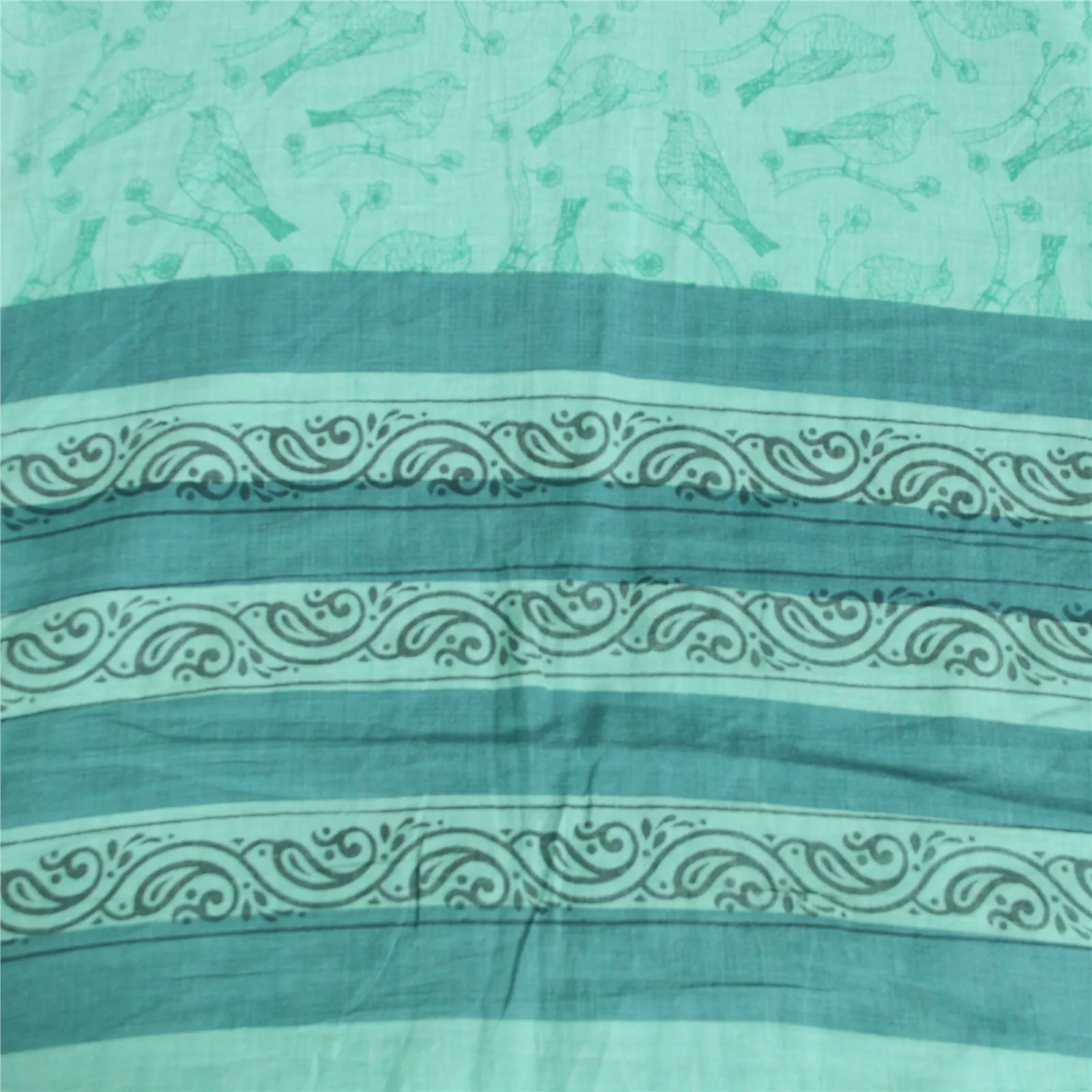 Sanskriti Vintage Sarees Sea-Green Pure Cotton Bird Print Sari 5yd Craft Fabric