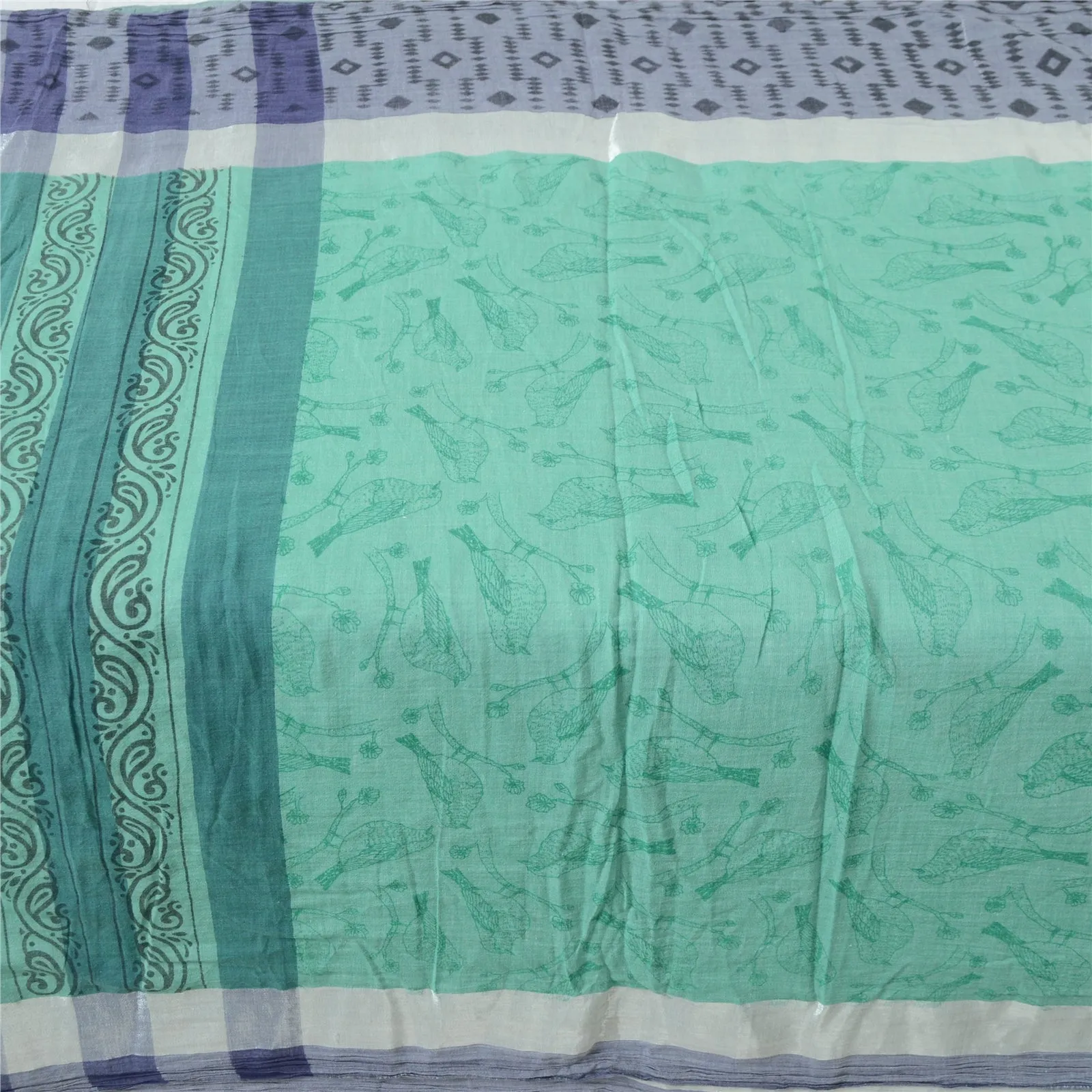 Sanskriti Vintage Sarees Sea-Green Pure Cotton Bird Print Sari 5yd Craft Fabric