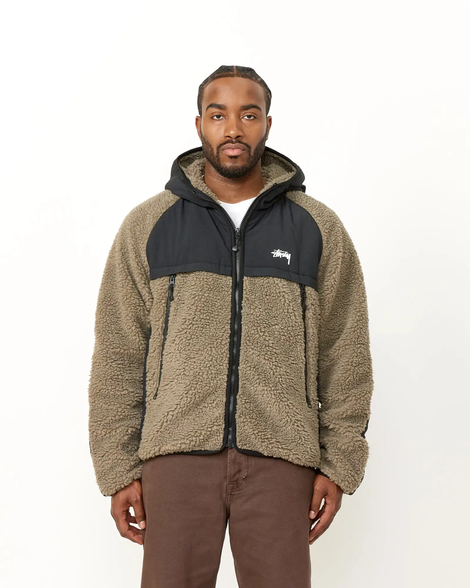 Sherpa Paneled Hooded Jacket in Stone