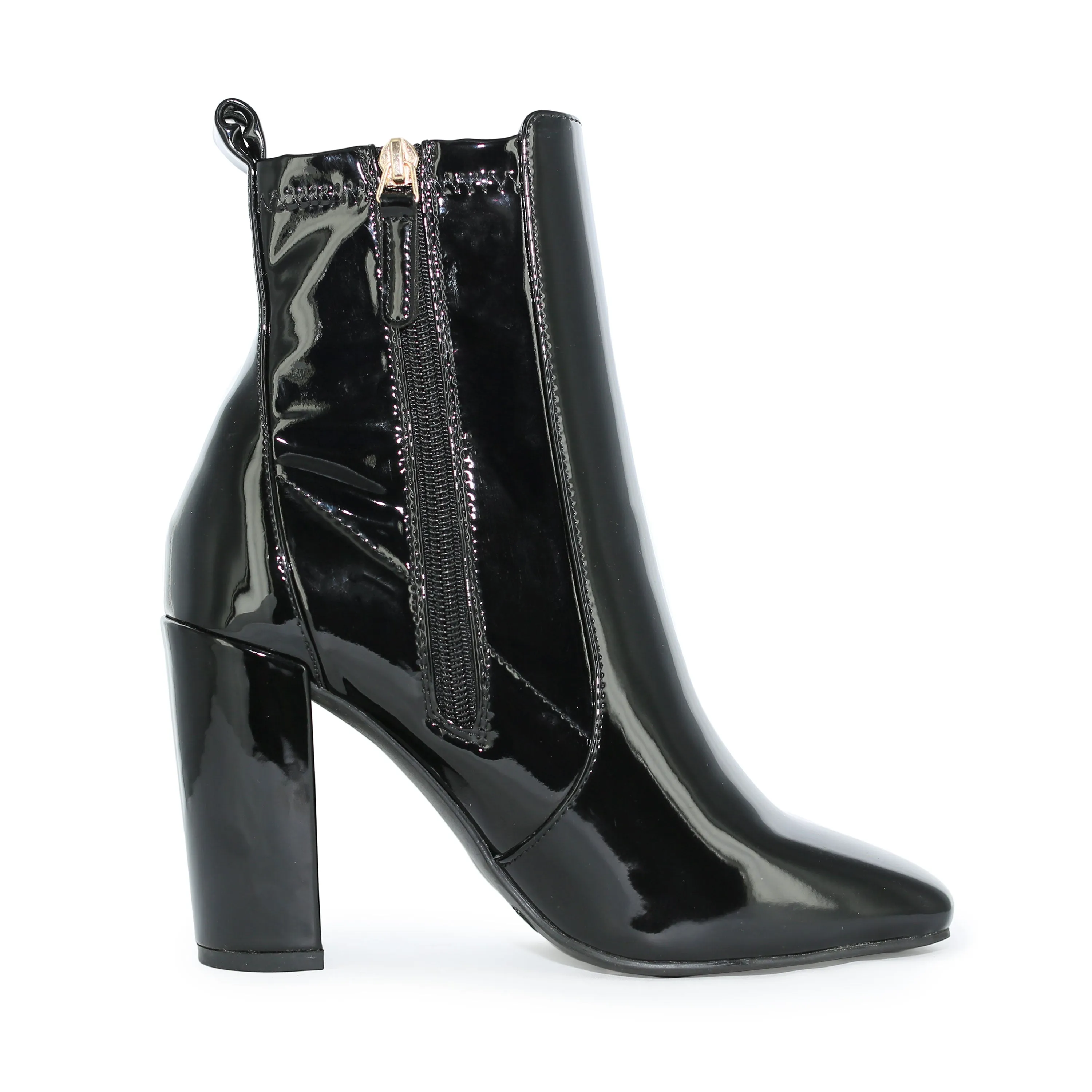 SLAY-13 Faux Patent Leather Square Toe Chunky Block Heel Ankle Boots