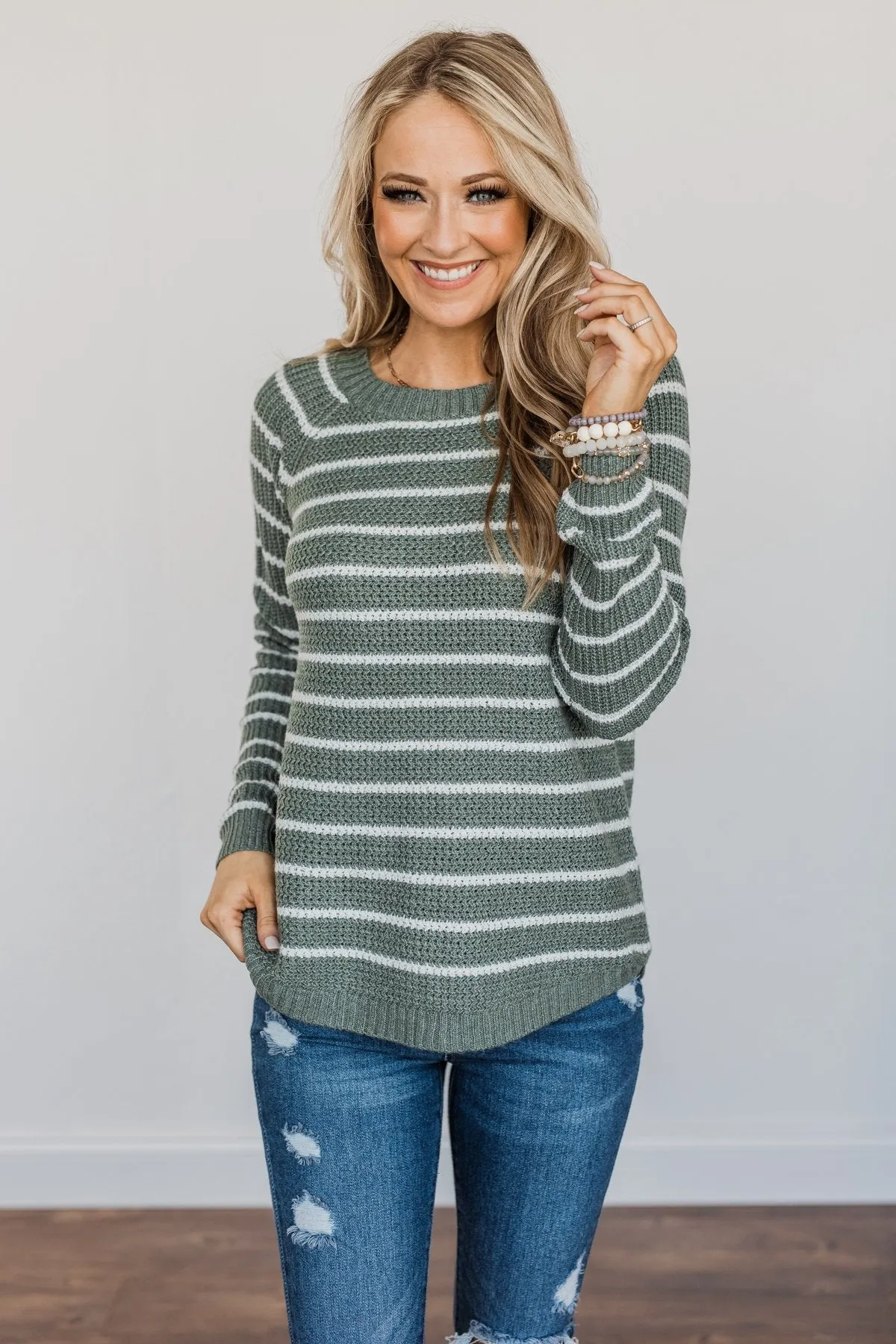 Soak In The Moment Striped Sweater- Dark Sage