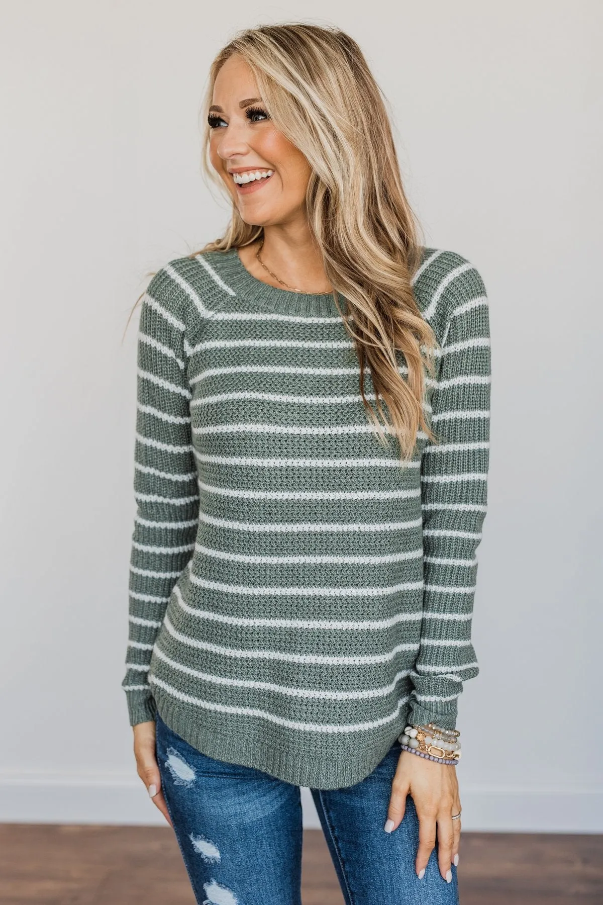 Soak In The Moment Striped Sweater- Dark Sage