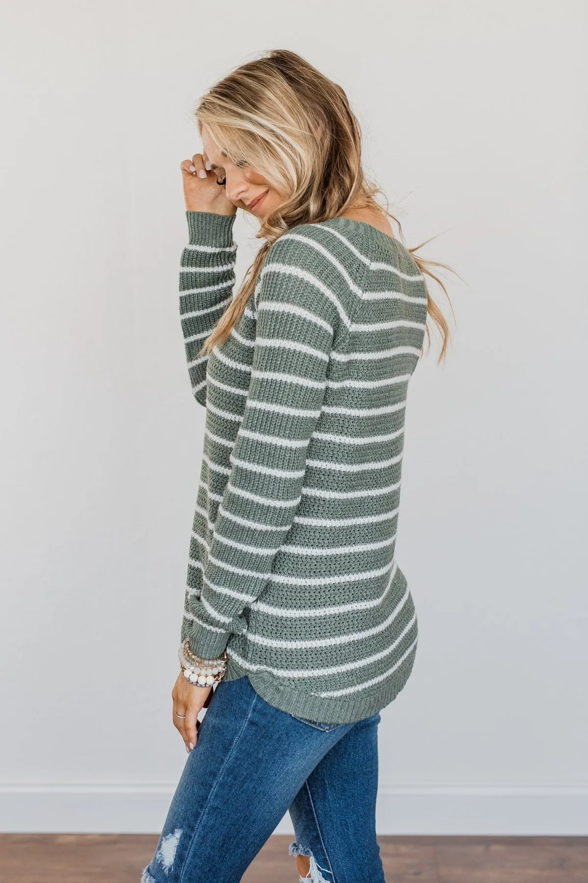 Soak In The Moment Striped Sweater- Dark Sage