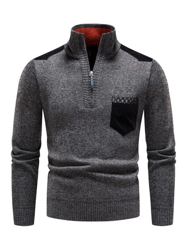 Stand-Up Collar Patchwork Zipper Men Turtleneck Sweater