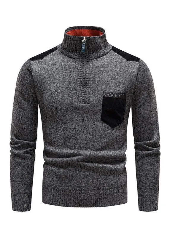 Stand-Up Collar Patchwork Zipper Men Turtleneck Sweater