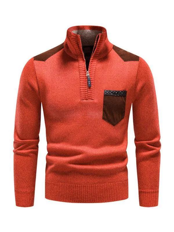 Stand-Up Collar Patchwork Zipper Men Turtleneck Sweater