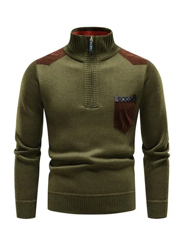 Stand-Up Collar Patchwork Zipper Men Turtleneck Sweater