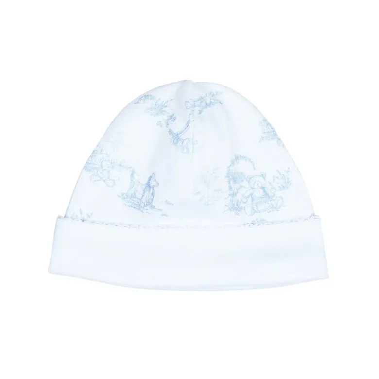 Teddy Bear Toile Print Baby Hat - Blue