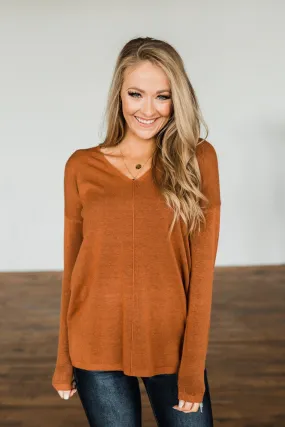 The Best Part V-Neck Sweater- Dark Camel