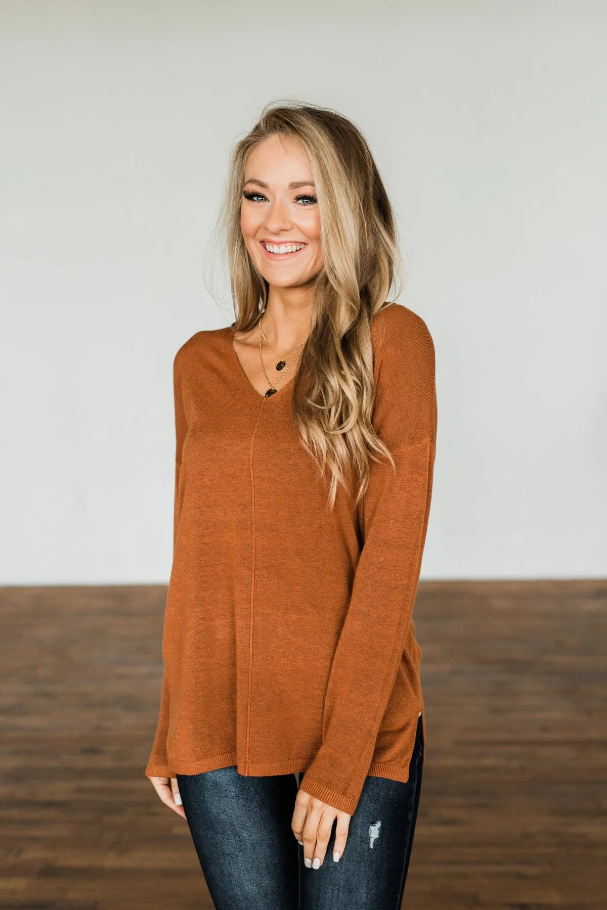 The Best Part V-Neck Sweater- Dark Camel