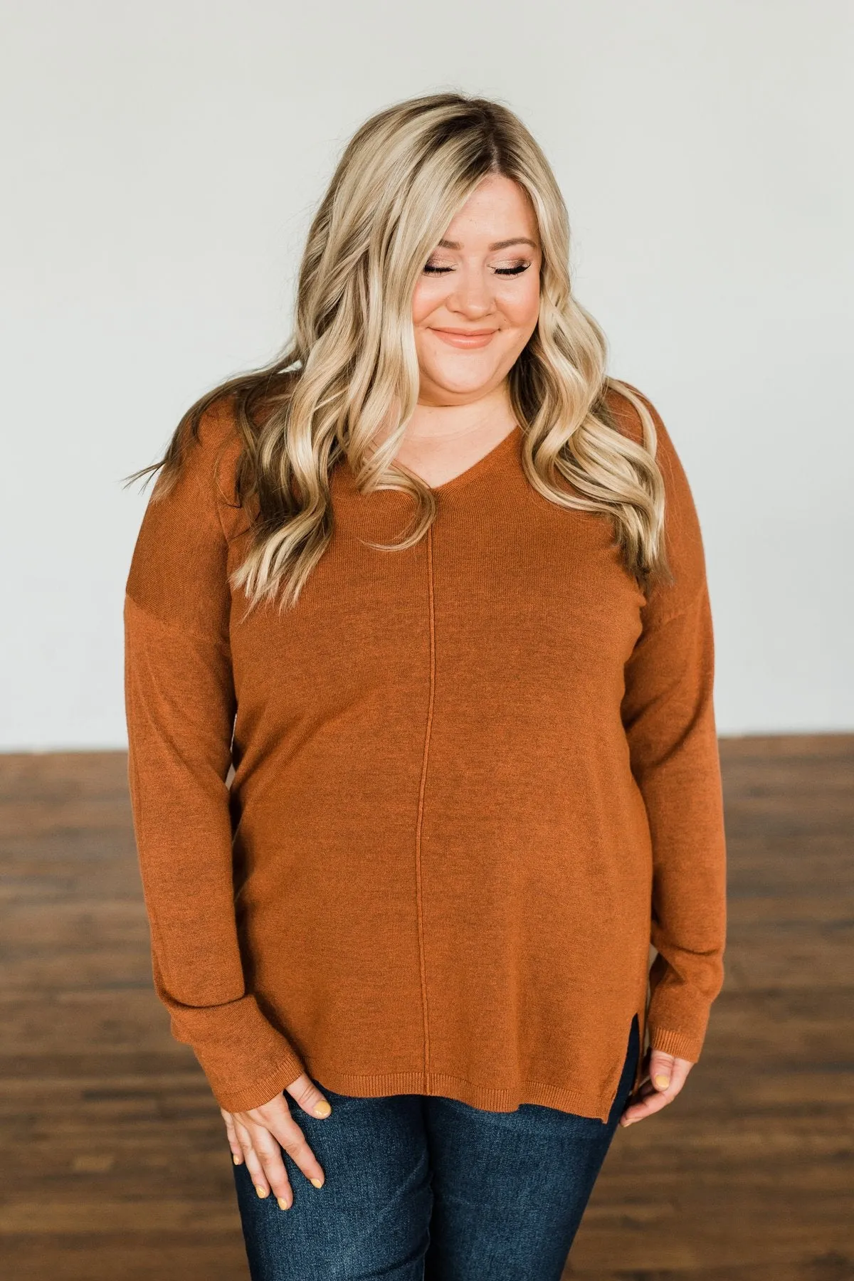 The Best Part V-Neck Sweater- Dark Camel