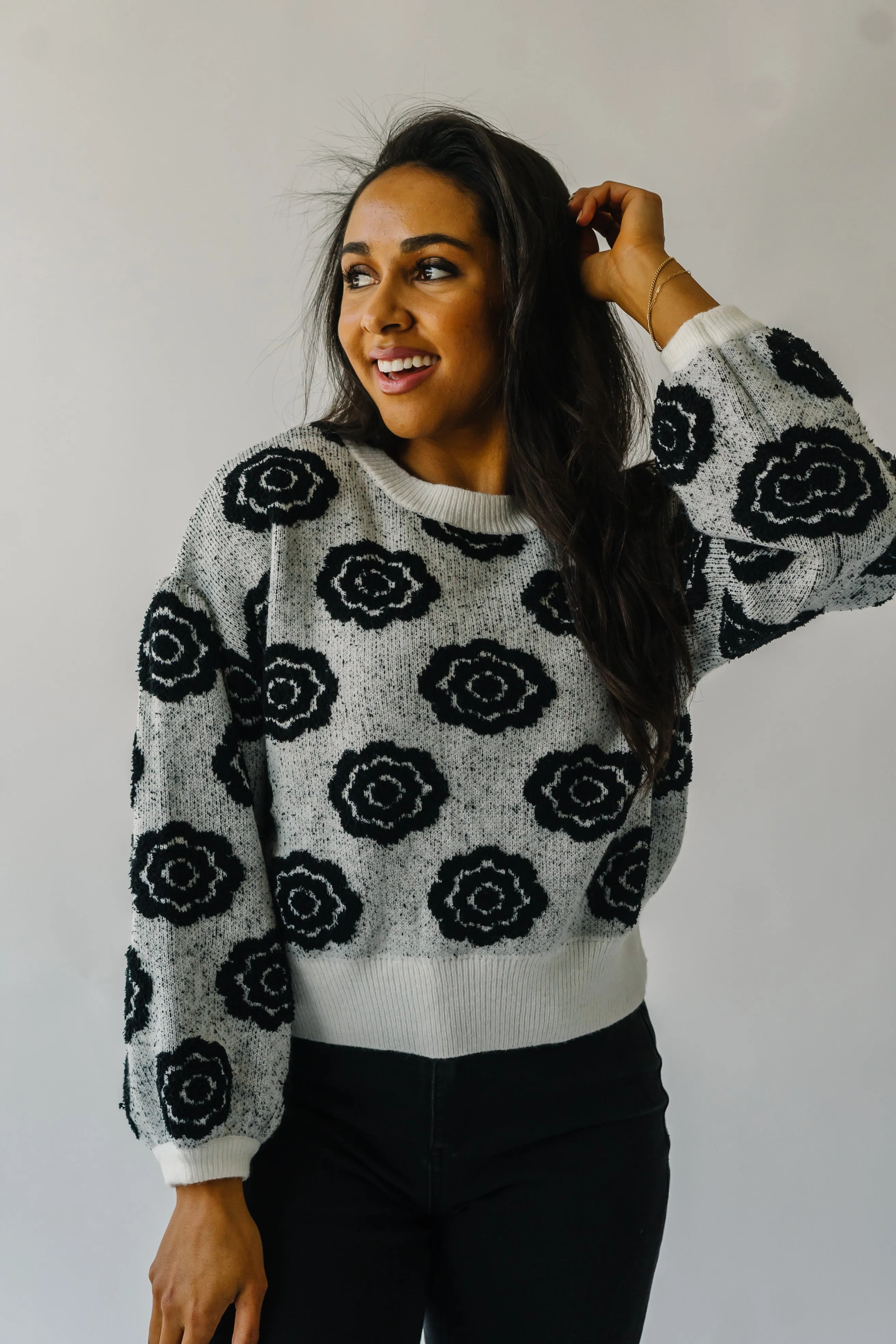 The Remsen Flower Patterned Sweater in White + Black