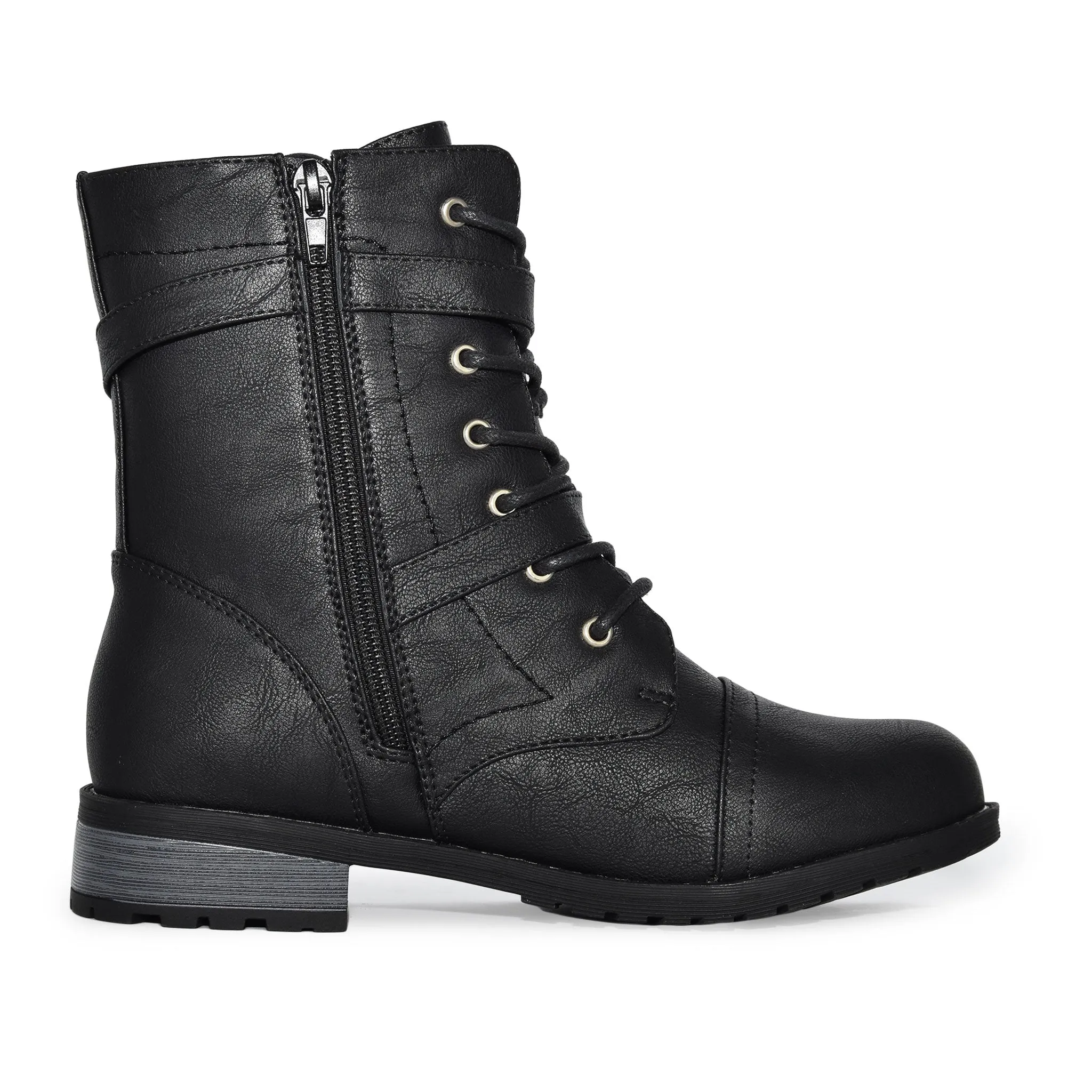 TIMBERLY-272A Faux Leather Strappy Buckle Military Combat Fashion Lace Up Ankle Boots